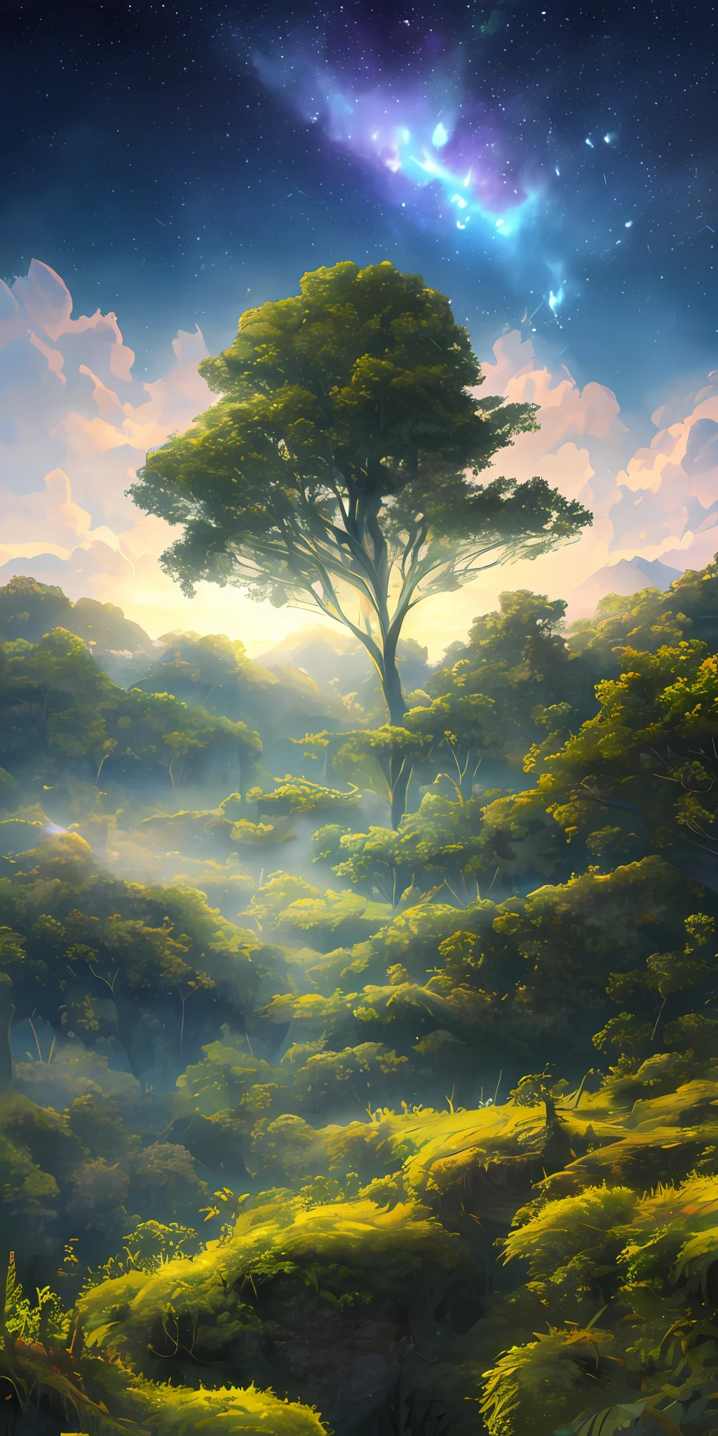 Illustration of a surreal, otherworldly, hyper sky scene including a giant crystal tree full body, highly detailed and magical lighting, intricate forest details, vegetation and surrounding river, solar punk, landscape, giant tree , beautiful green leaves, beautiful lighting and realistic proportions, as if this is a movie background, 8k, highest quality, masterpiece, clouds and stars in the sky.