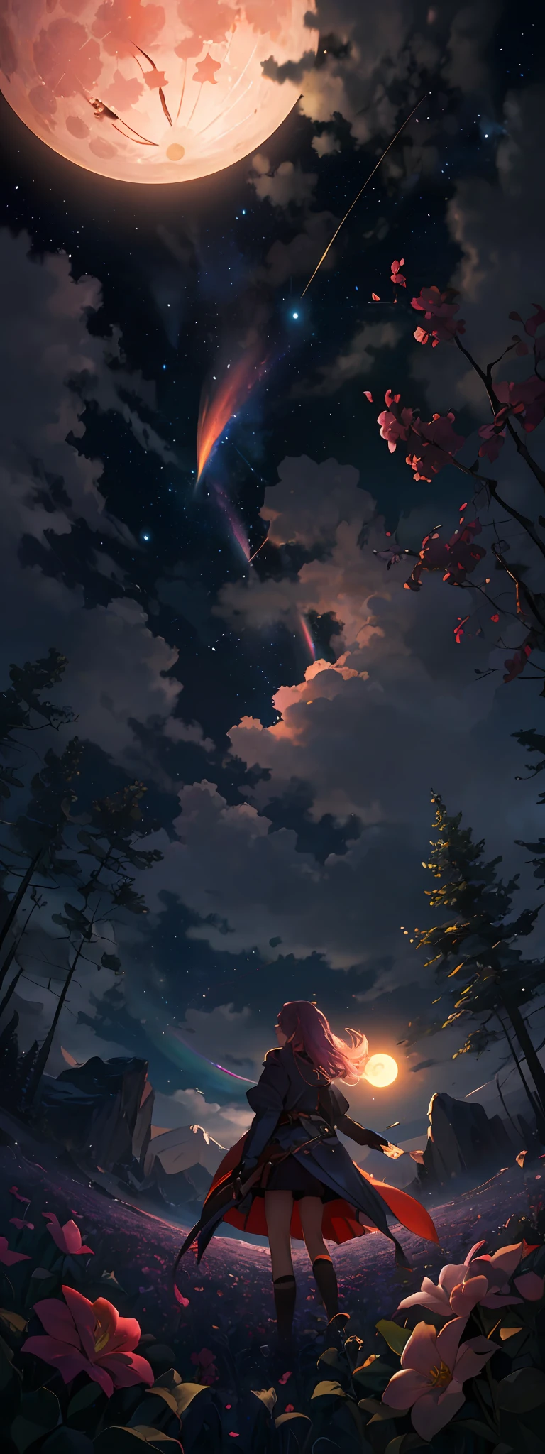 A wide landscape photo, (viewed from below, the sky is above, and the open field is below), a girl standing on a flower field looking up, (full moon: 1.2), (meteor: 0.9), (nebula: 1.3), distant mountains , Trees BREAK Crafting Art, (Warm Light: 1.2), (Firefly: 1.2), Lights, Lots of Purple and Orange, Intricate Details, Volumetric Lighting BREAK (Masterpiece: 1.2), (Best Quality), 4k, Ultra Detailed, (Dynamic Composition: 1.4), Rich in Detail and Color, (Rainbow Color: 1.2), (Glow, Atmospheric Lighting), Dreamy, Magical, (Solo: 1.2)