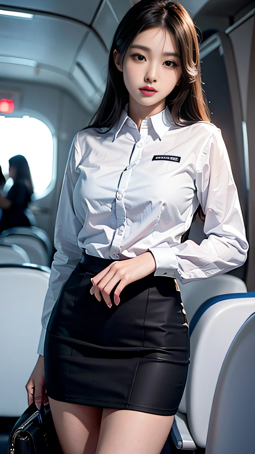 Slender Asian girl, kpop idol, ((stewardess)), ((top quality, 8k, masterpiece: 1.3)), crisp focus: 1.2, beautiful woman with perfect figure: 1.4, highly detailed face and skin texture, detailed eyes, ((skinny)), beautiful face, symmetrical face, full-length, sexy