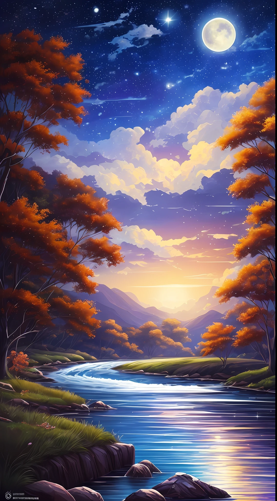 A painting of a river with stars and moon in the sky, concept art inspired by Tosa Mitsuoki, pixiv contest winner, best quality, fantasy art, beautiful anime scene, a bright moon, moonlit starry environment, dream painting, Anime Background Art, Fantasy Landscape Art, Fantasy Night, Anime Background, Background Artwork, Fantastic Art, Atmospheric Anime, Starry Sky, Detail Enhanced. --auto