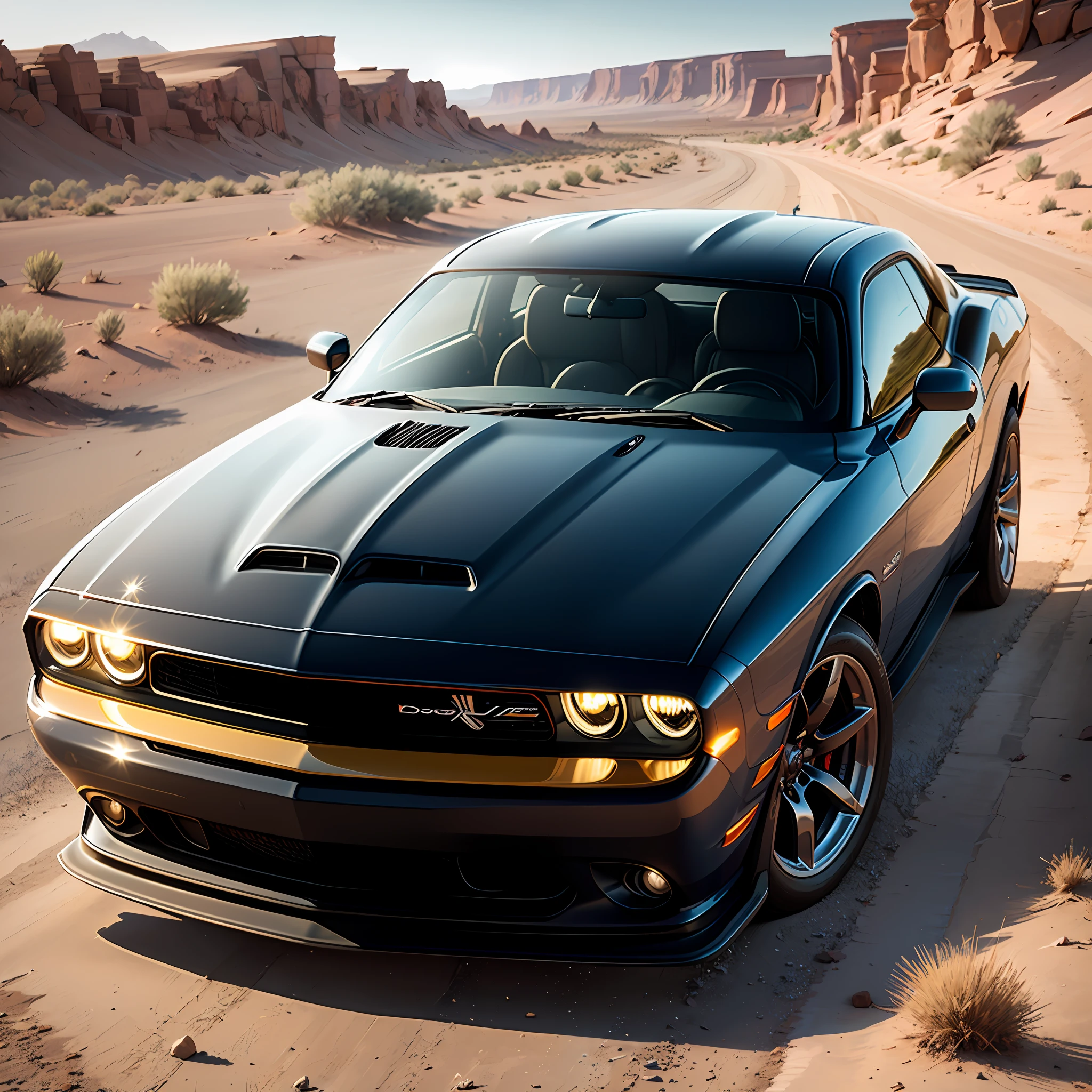 Best quality, masterpiece, ultra high res, (photorealistic:1.4), car: Dodge Challenger, black color, orange headlights, shiny; location: desert; details: sun, good composition