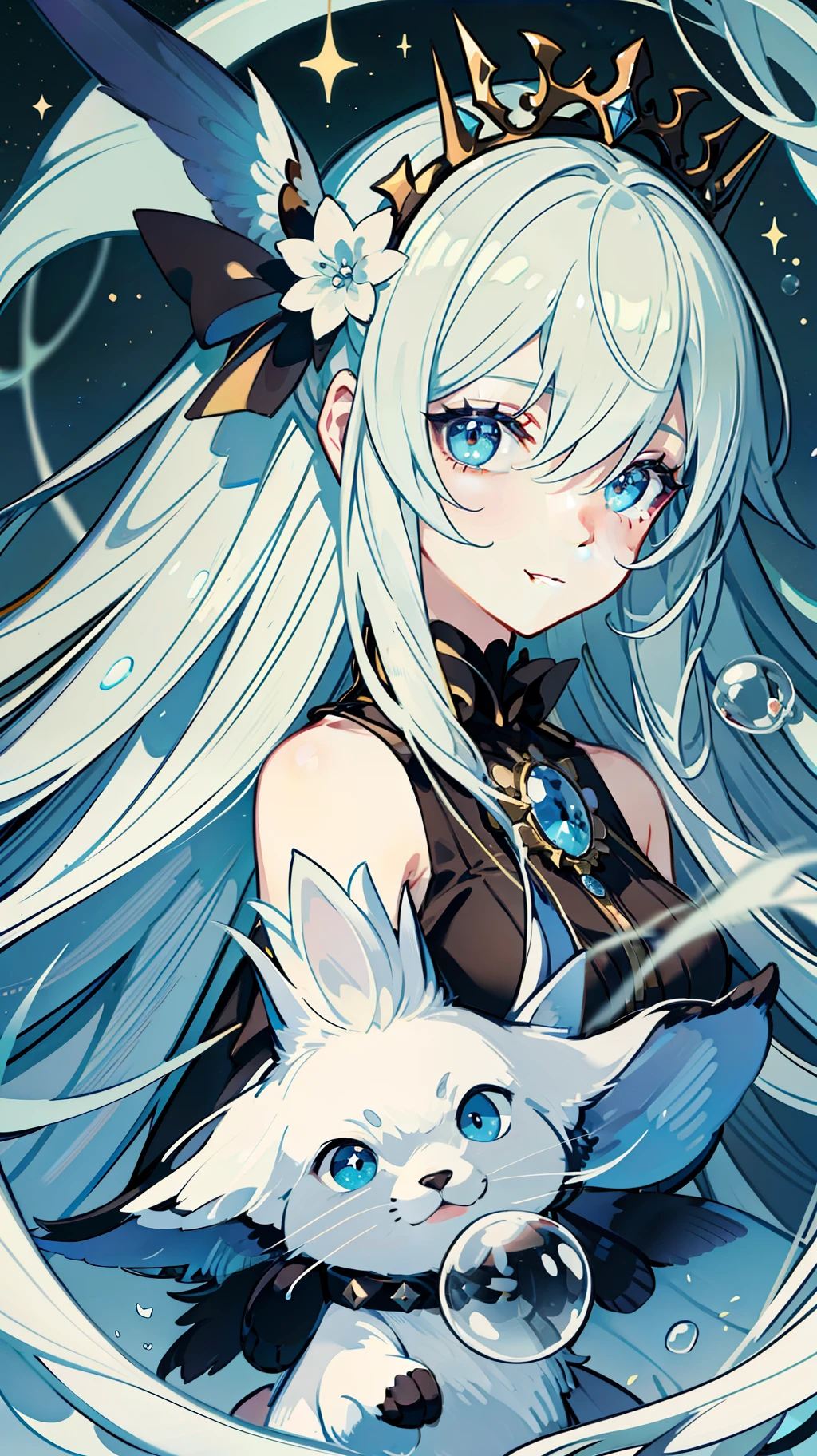 tmasterpiece,fairytale-like，Illustration theme，A beautiful girl，Long white hair flutters in the wind，ssmile，Pure gaze。Black starry sky background with magic arrays and bubbles twinkling with stars，with great detail，detailedlight，White blouses，Black lace，Fabric brooch with eye pattern，Mini-sized blue opaque crown，Simple，(((Gloomy atmosphere)))