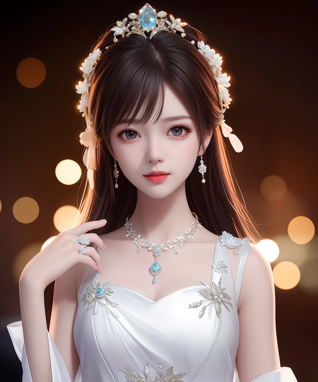Highest image quality,Masterpiece level,The ultra -The high-definition,a asian beauty,White porcelain dress,Wear hair accessories and necklaces,Jewelry embellishments,Beautiful face,Intense fine texture of the upper part of the body(1.2 weight),Extremely detailed reproduction,Dark background full of visual impact,Bright edge light and two-tone light,Soft light,High quality DSLR photography,Volumetric light effect,Capture the moment of life,Take a photo,Ultra HD resolution,4K 8K,Background bokeh。
