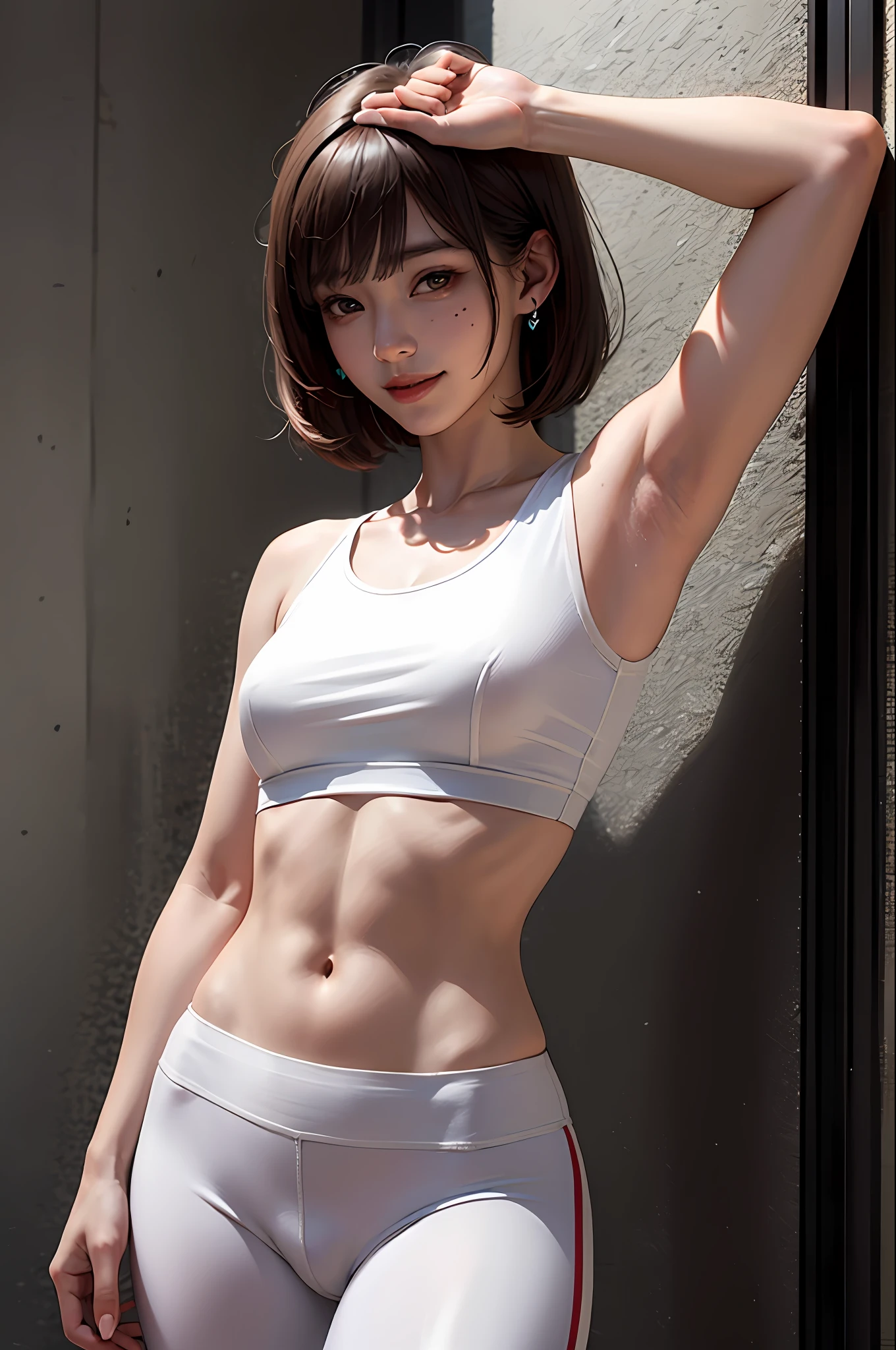 (A hyper-realistic), (illustratio), (hight resolution), (8K), (extremely highly detailed), (The best illustrations), (beautiful detailed eyes), (beste-Qualit), (ultra-detailliert), (masterpiece), (wall-paper), (details face), ソロ1女の子, White wavy hair, Korea person, Iris heterochromic eyes, small moles under eyes, Loose white shirt, yoga pant,, the Long legs, Tight abs, camel's toe, dynamicposes、pretty short hair with bangs,、long neck、Put your ears out、Close your mouth and smile happily