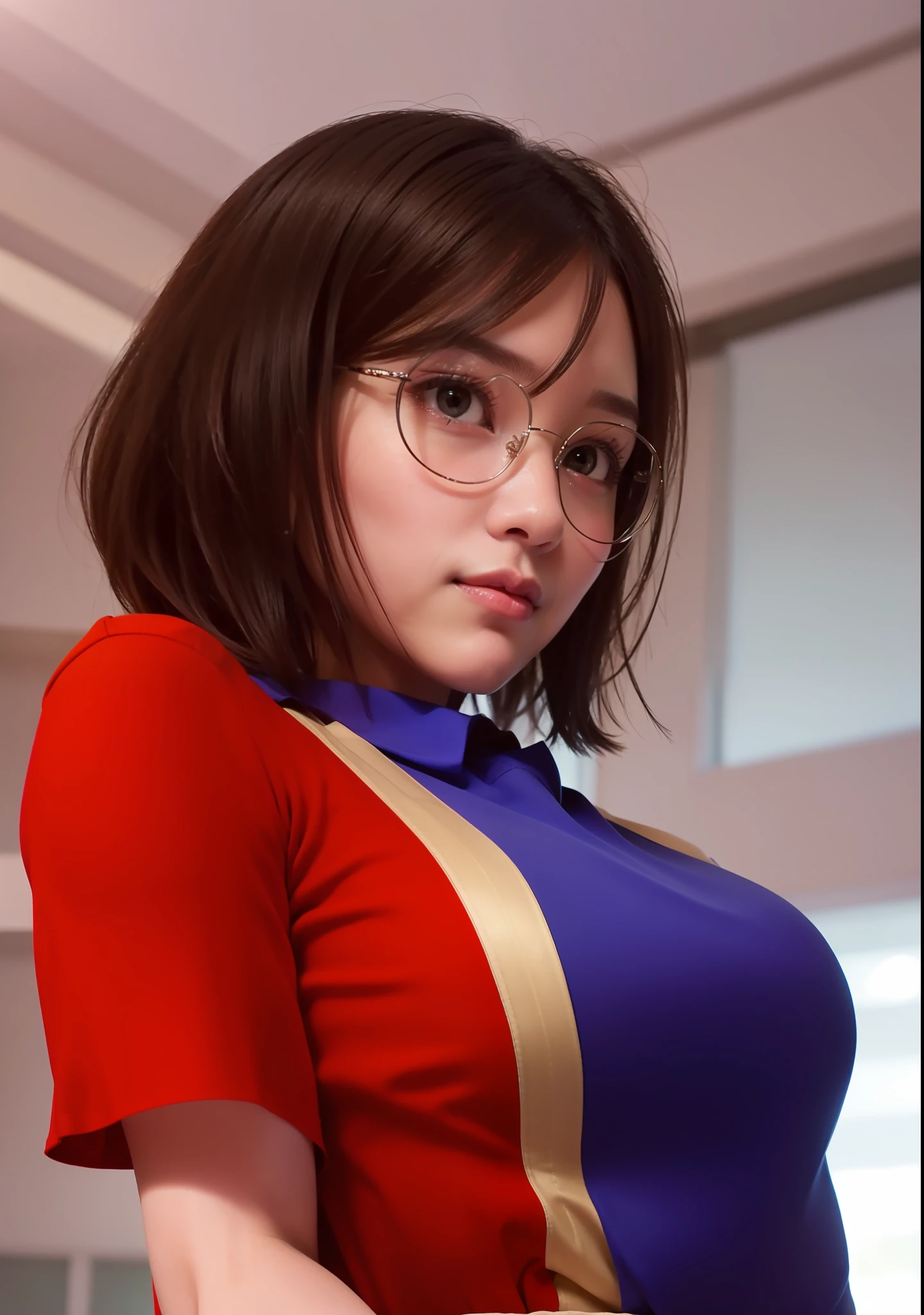 (((Marin Kitagawa))), (masterpiece, best quality), ((extremely detailed, intricate details, lush detail, insanely detailed face, beautiful red eyes, lips, detailed skin, very wide-eyed, skinny)), (( floating hair, shiny skin)), (1girl), wide hips, narrow waist, thick thighs, ((big pupil)) , nervous, ((happy, smile, long hair, younger, blush, tall, black outline, blonde hair, straight hair, seductive eyes, mature female, older, very long hair)), 1girl, toned, ((((indoors, in front of a big window, light shining through window, upper body focus)))), solo, blonde hair, school uniform, skirt, necktie, shirt, shoes, choker, jewellery, white shirt, socks, smile, brown footwear, black socks, looking at viewer, loafers, blue skirt, multicolored hair, plaid, pleated skirt, tied shirt, black choker, bangs, plaid skirt, bracelet, earrings, standing, blue necktie, grin, collared shirt, (((hands behind back, 1girl)))