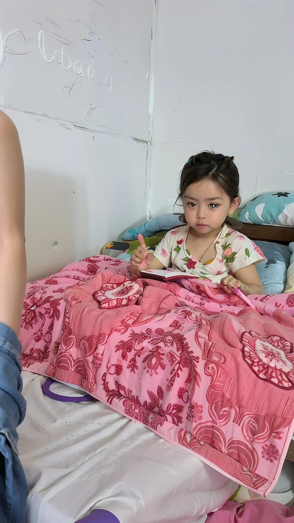 There was a baby sitting on the bed,The bed was covered with a pink blanket, trying to read, Sitting on the bed, taken with sony alpha 9, sit on a bed, potrait, having a snack, looking at his phone, sitting on her bed, babies in her lap, highly focused, checking her phone, High-resolution scanning, hi - res scan, Help me