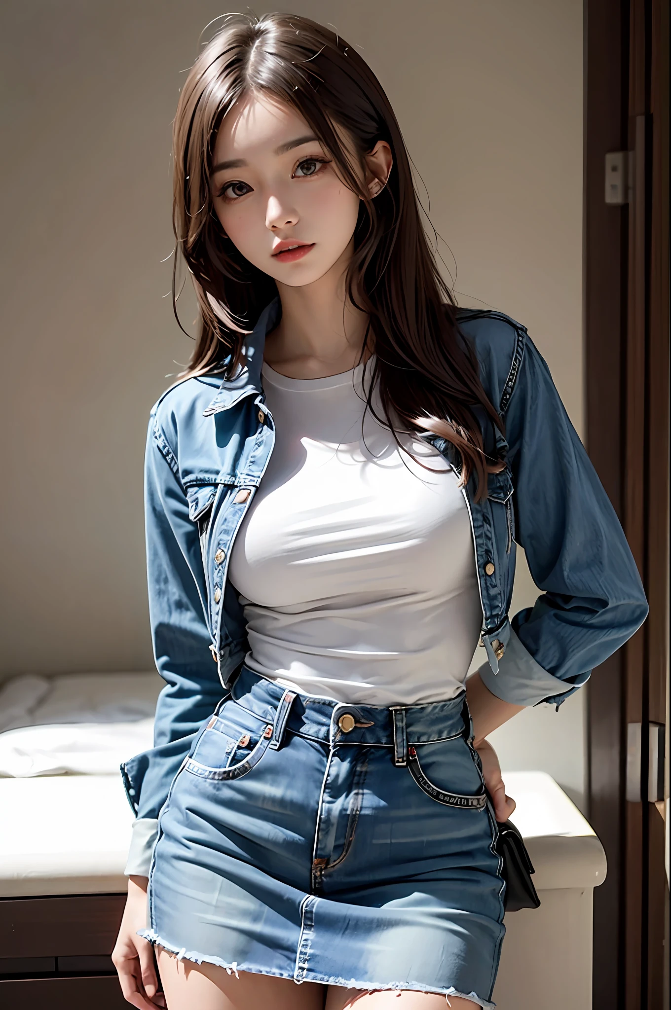 Girl posing for photo in loose white shirt and tight denim skirt，full bodyesbian，Slim body，Slim girl model，24 years old female model，