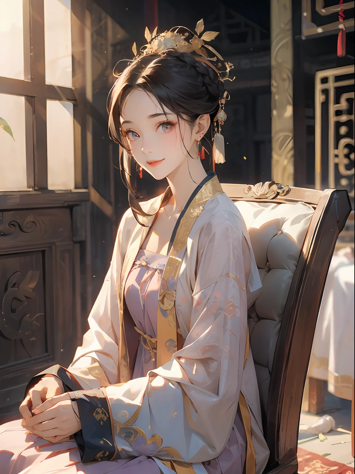 best quailty，tmasterpiece，超高分辨率，1girlhugebreasts，((Black coiled hair))，Golden eyes，Frontal photo，Close-up of，Hanfu，((Lilac plain))，Covered with a layer of white light tulle，He wears a gold coat on his head，Wear long earrings on your ears，There is a bracelet on the wrist，Sit in a chair，She has a beautiful face，The brow curve is slender，The eyes are bright and gentle。Smiling，Scenes：Inside an ancient Chinese room，