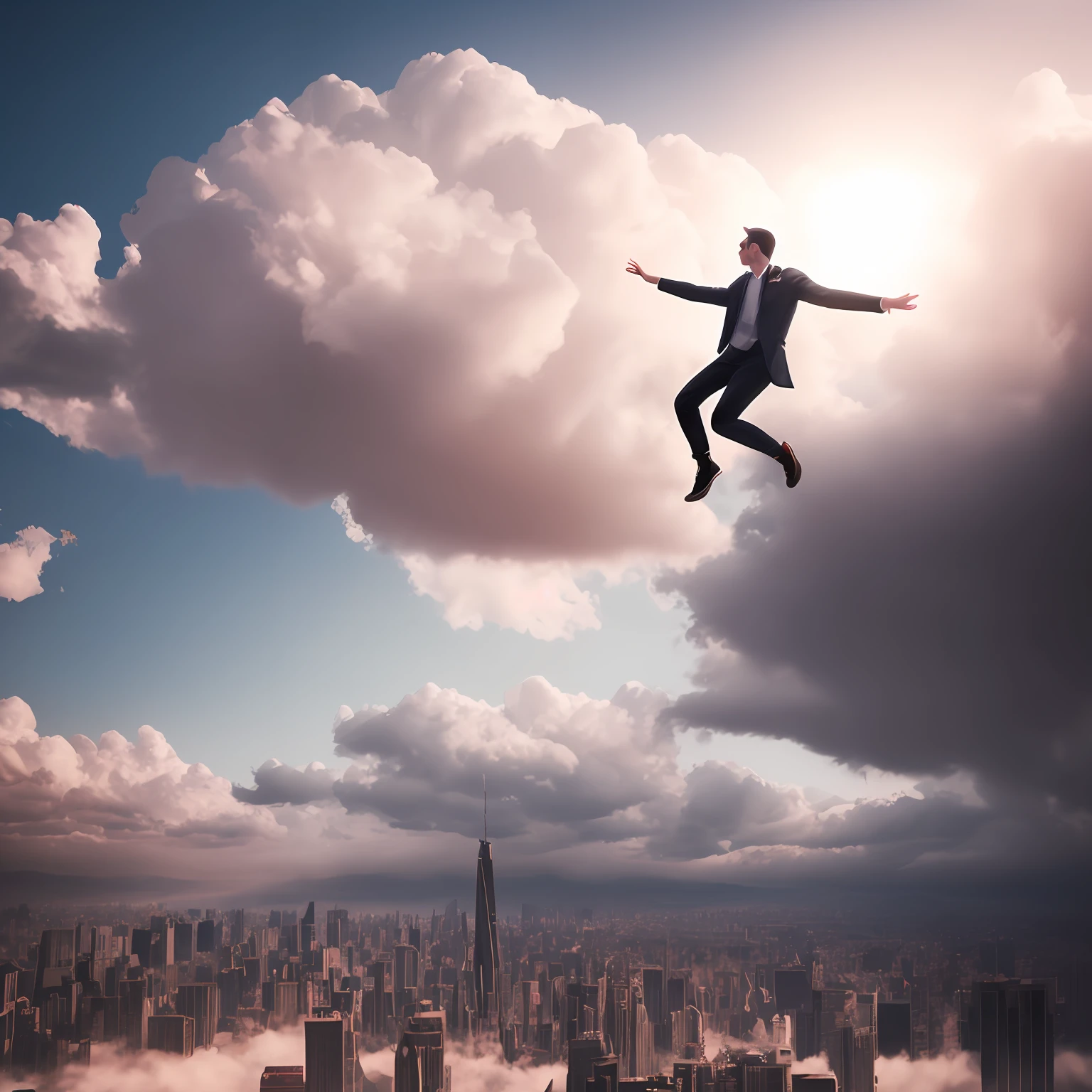 There was a man floating on a cloud and a man flying in the sky, cinematic outfit photo,, in sunny weather, casual photography, In the sky, cinematic style photograph, Wear trendy clothes,Wear AJ1,The camera is focused on the protagonist from top to bottom,Under the misty clouds lies the looming neon city --auto