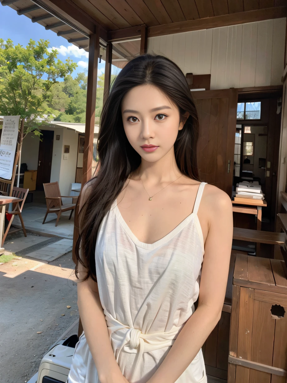 ,巨作, Best quality,8K, The ultra-Highres,cinmatic lighting,Real light and shadow,(Beautiful eyes:1.1), ((中景 the scene is,Upper body body)),In the ancient town of Que Mo Red Dust,The goddess sits in an old study house。sitted,dynamicposes