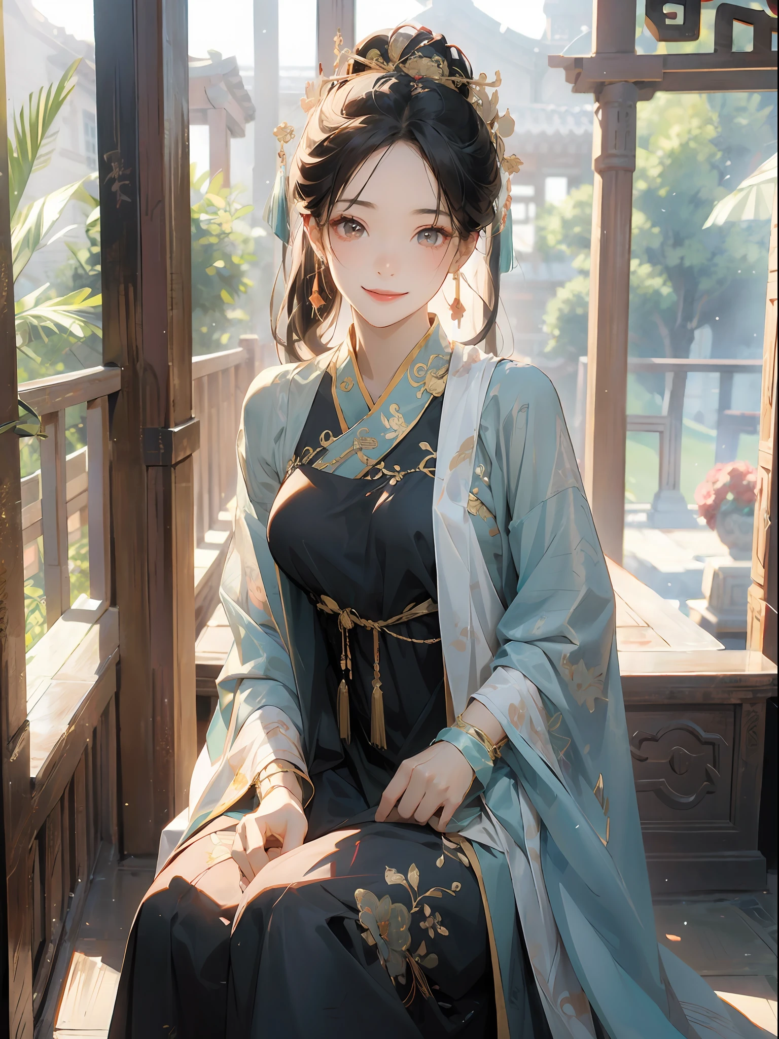 best quailty，tmasterpiece，超高分辨率，1girlhugebreasts，((Black coiled hair))，Golden eyes，Frontal photo，Close-up of，Hanfu，Light blue plain，Covered with a layer of white light tulle，He wears a gold coat on his head，Wear long earrings on your ears，There is a bracelet on the wrist，Sit in a chair，She has a beautiful face，The brow curve is slender，The eyes are bright and gentle。Smiling，Scenes：Inside an ancient Chinese room，