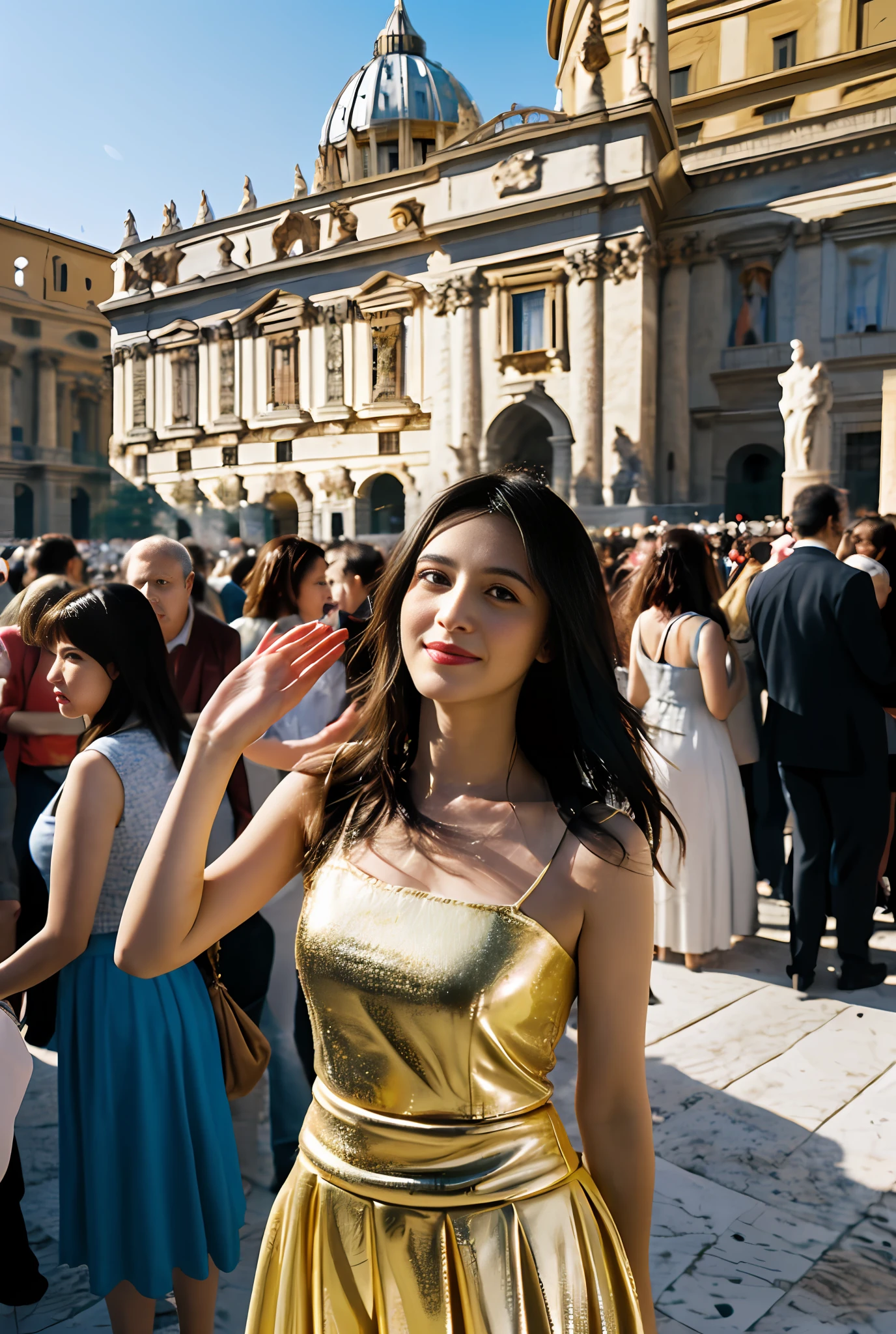 (巨作, Best quality, Realistic),
1girlhugebreasts,(on the St. Peter's Square of Vatican,crowd of), sankta. Peter's Square of Vatican background,gypsy dress,(Princess Eyes,shiny pupils),Dancing,  Gold, banquet, crowd of, picking up skirt,
[Slight smile],