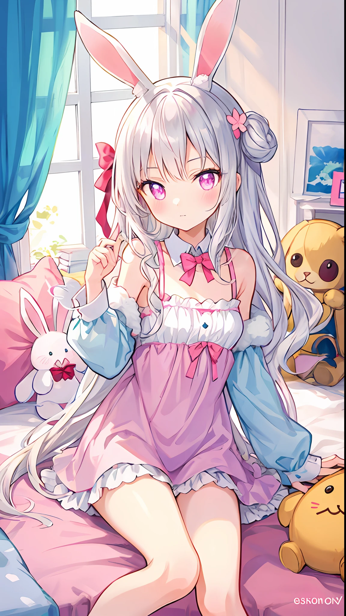 beautiful illustration, best quality, cute girl, bedroom, pastel color, fluffy bunny ears, petite, silver long hair, rabbit stuffed toy, bright lighting, light pink eyes