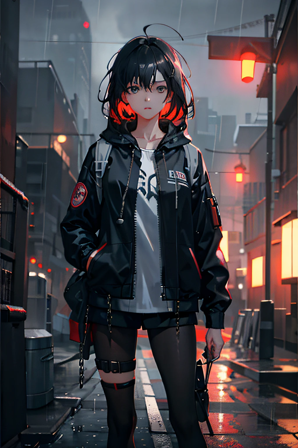 1girl, jacket, rain, outdoor, hoodie, open jacket, chain, backpack, looking at another, messy hair, trending on artstation, 8k resolution, highly detailed, anatomically correct, sharp image, digital painting, concept art, trending on pixiv, style of makoto shinkai,