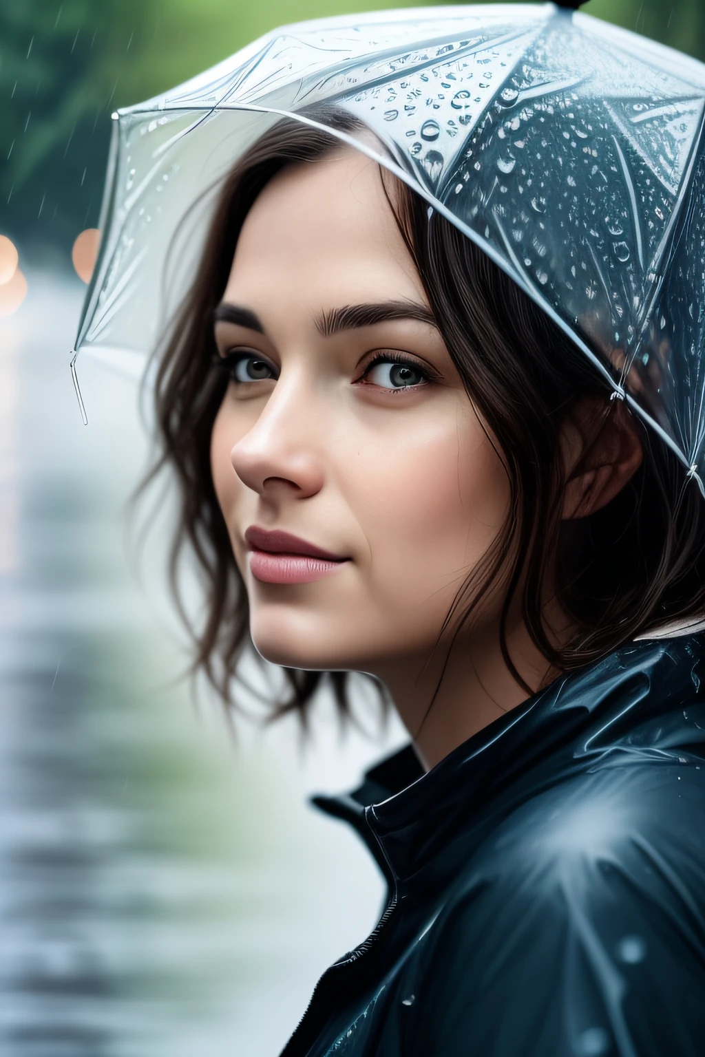 here is a woman that is looking at the camera in the rain, cinematic realistic portrait, ultra realistic digital painting, ultra-realistic digital art, soft portrait shot 8 k, rain drops on face, ultra realistic digital art, hyperrealistic digital painting, hyper realistic digital painting, hyperrealistic digital art, ultrarealistic digital art, beautiful photorealistic imagery, hyper realistic digital art