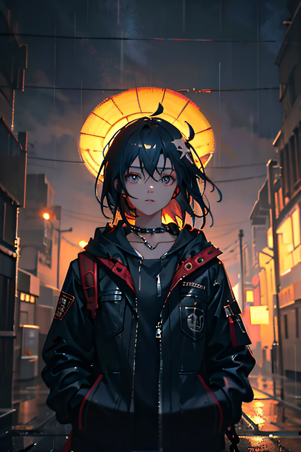 1girl, jacket, rain, outdoor, hoodie, open jacket, chain, backpack, looking at another, messy hair, trending on artstation, 8k resolution, highly detailed, anatomically correct, sharp image, digital painting, concept art, trending on pixiv, style of makoto shinkai,