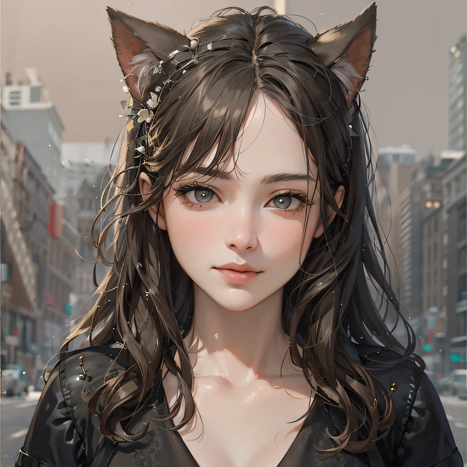 This is a masterpiece of art in the Guvez style,The picture shows a cute real portrait of a cat girl touching ears。She is young and beautiful,Small details in the flowing long hair add to the vividness of the picture。Use realistic anime art style,Jean Guvitz created a unique work at the Pisif Art Station,This beautiful catwoman seems to be able to come out of the picture at any moment。best quailty,超高分辨率,Detail realism factor 1.4,Original 1girl photo,lowfers,cold light。