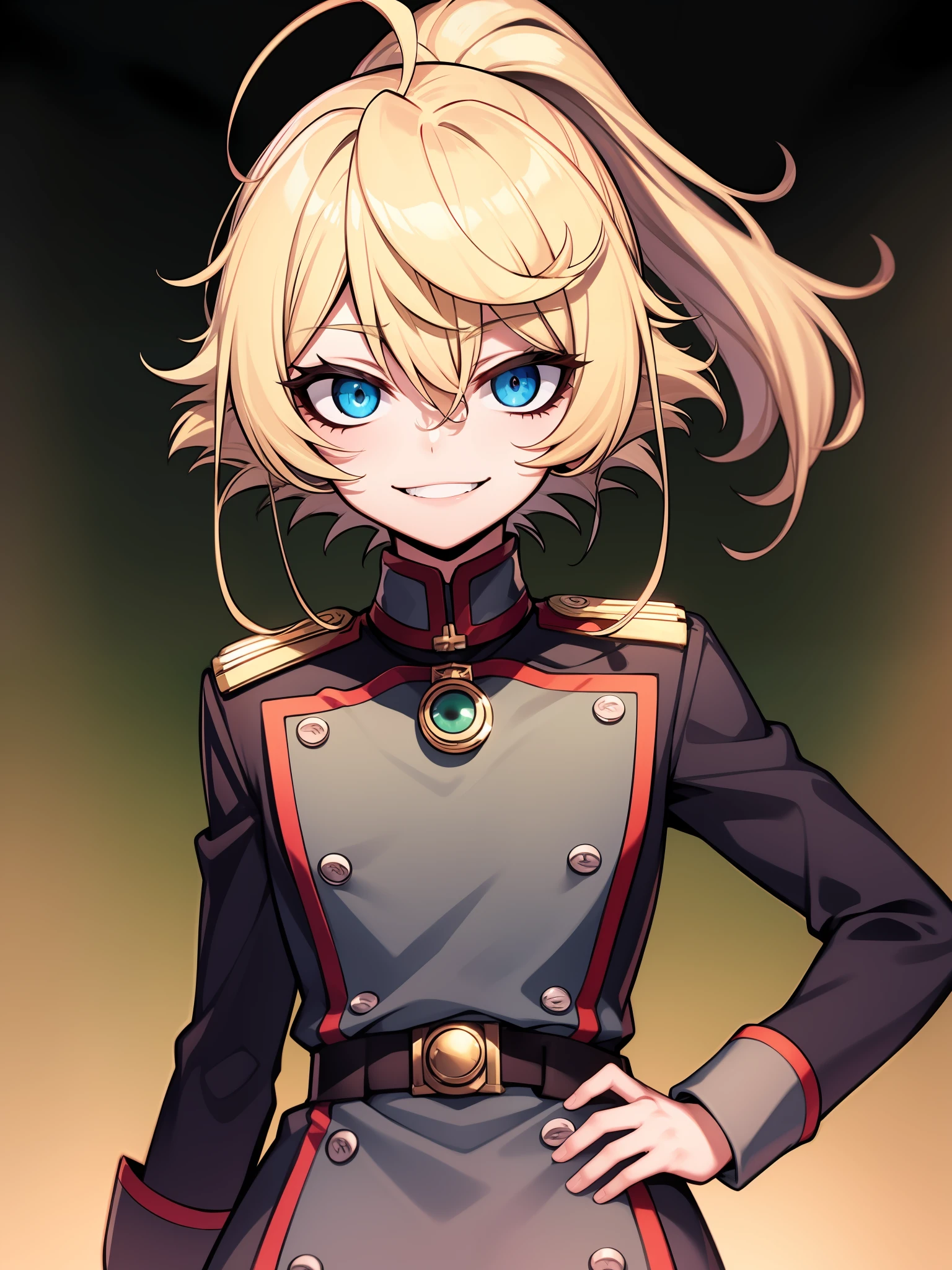 Tanya Degurechaff, Uniforme Miitar, psychotic smile, baixa estatura, Olhos assassinos, psychotic eyes, s office