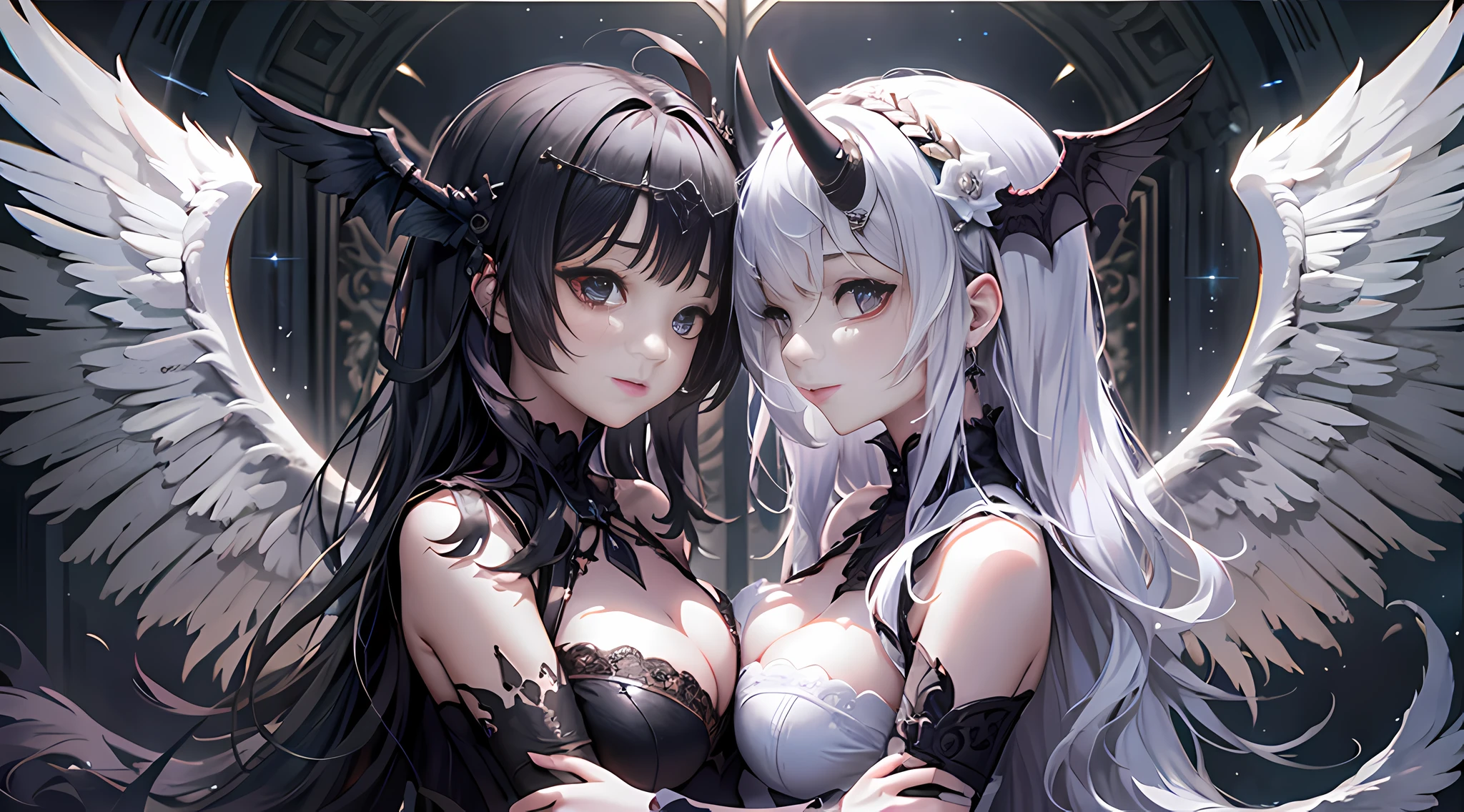 (2girls), (Angels and demons), (twins), (Wings), (Long silver hair and long black hair), (Delicate glowing pretty face and delicate dark pretty face), (Detailed eyes:1.2)(The aperture on the top of the head of the girl on the left and the horn on the top of the head of the girl on the right), (White holy wings and black demon wings), Hug together, (abundantly detailed:1.3), Light smile, Evil smile, baroque, Abstractionism, Ray tracing, reflective light, blend, stereograms, reference sheet, move chart, projected inset, symetry, Cowboy shot, Caustics, Wide-angle, The ultra -The high-definition, 巨作, ccurate, Textured skin, Super detail, High details, High quality, A high resolution, 8K,ultra-definition