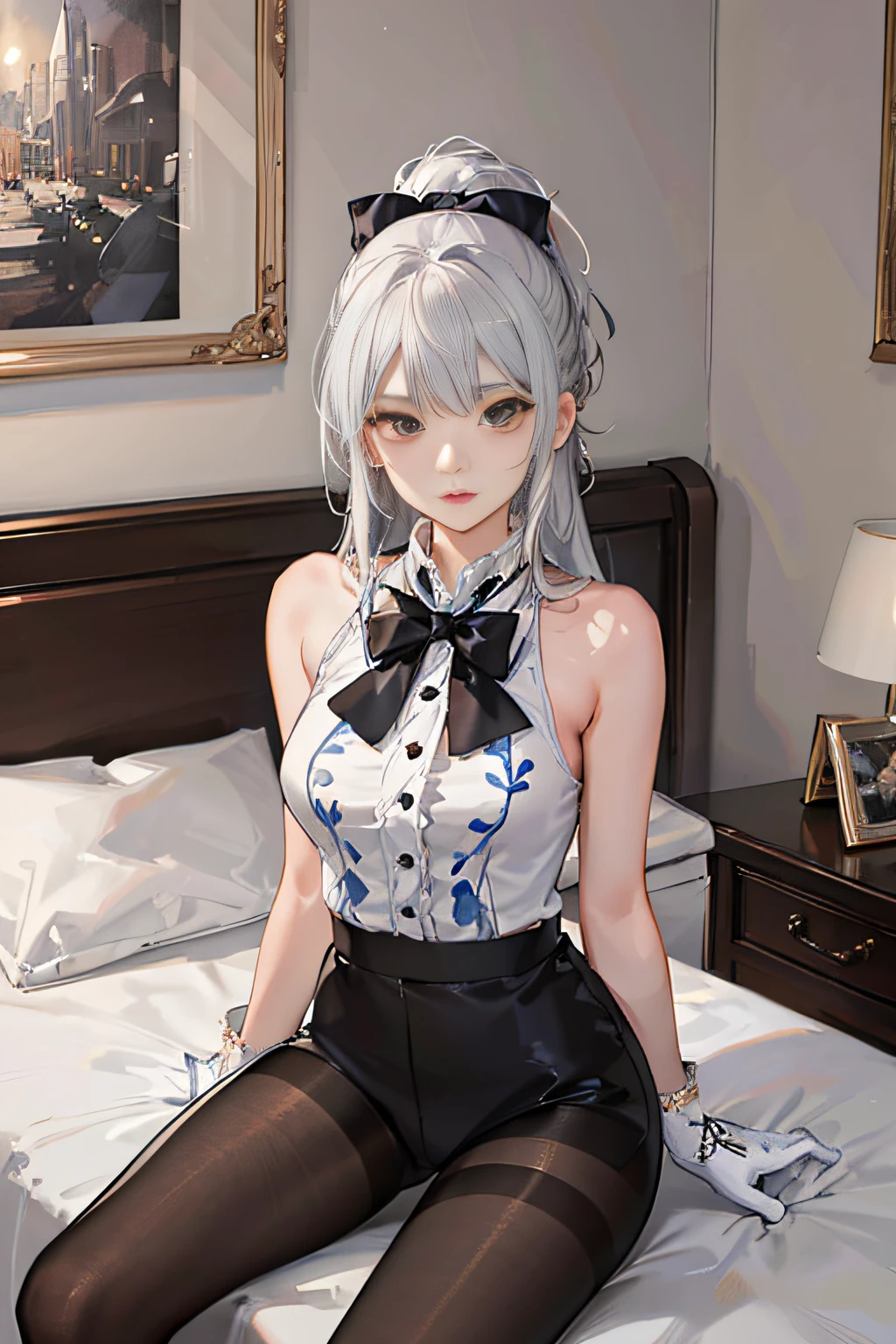 (((1 girl)),ray tracing,(dim lighting),[detailed background (bedroom)),((silver hair)),((silver hair)),(Fluffy silver hair, plump slender girl)) with high ponytail)))) Avoid blonde eyes in the ominous bedroom ((((Girl wears intricately embroidered black high-waisted pants with pantyhose) and white ruffled bow gloves), showing a delicate slim figure and graceful curves, correct limbs, sitting on the bed