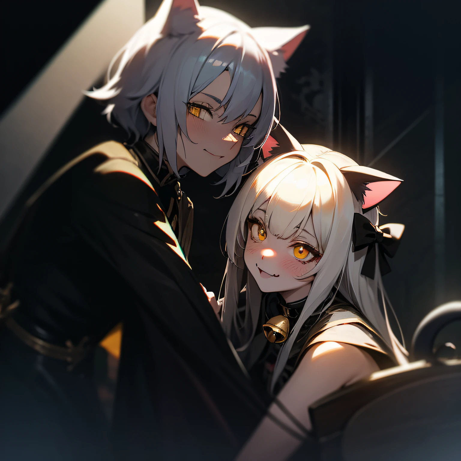 fake animal ears, white hair, straight hair, hair bow, bell, hair bell, slit pupils, yellow eyes, cat ears, light smile, ear blush, naughty, fang, Suprematism, anime, ray tracing, vignetting, dithering, cinematic lighting, sideways, caustics, 8k, 4K, textured skin --auto