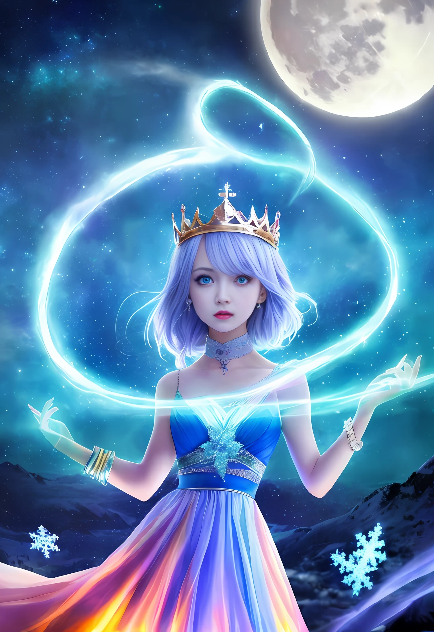 Night, (1 girl)), loneliness, masterpiece, 8k wallpaper, high resolution, absurdity, high quality background, short hair, black hair, multi-colored hair, beautiful frozen village, (full moon), blue dress, detail dress, jewelry dress, (magic: 1.2), blue flame, blue eyes, glowing eyes, fire, ice goddess, (blue delicate beautiful crown), electricity, blue electricity, blue light particles