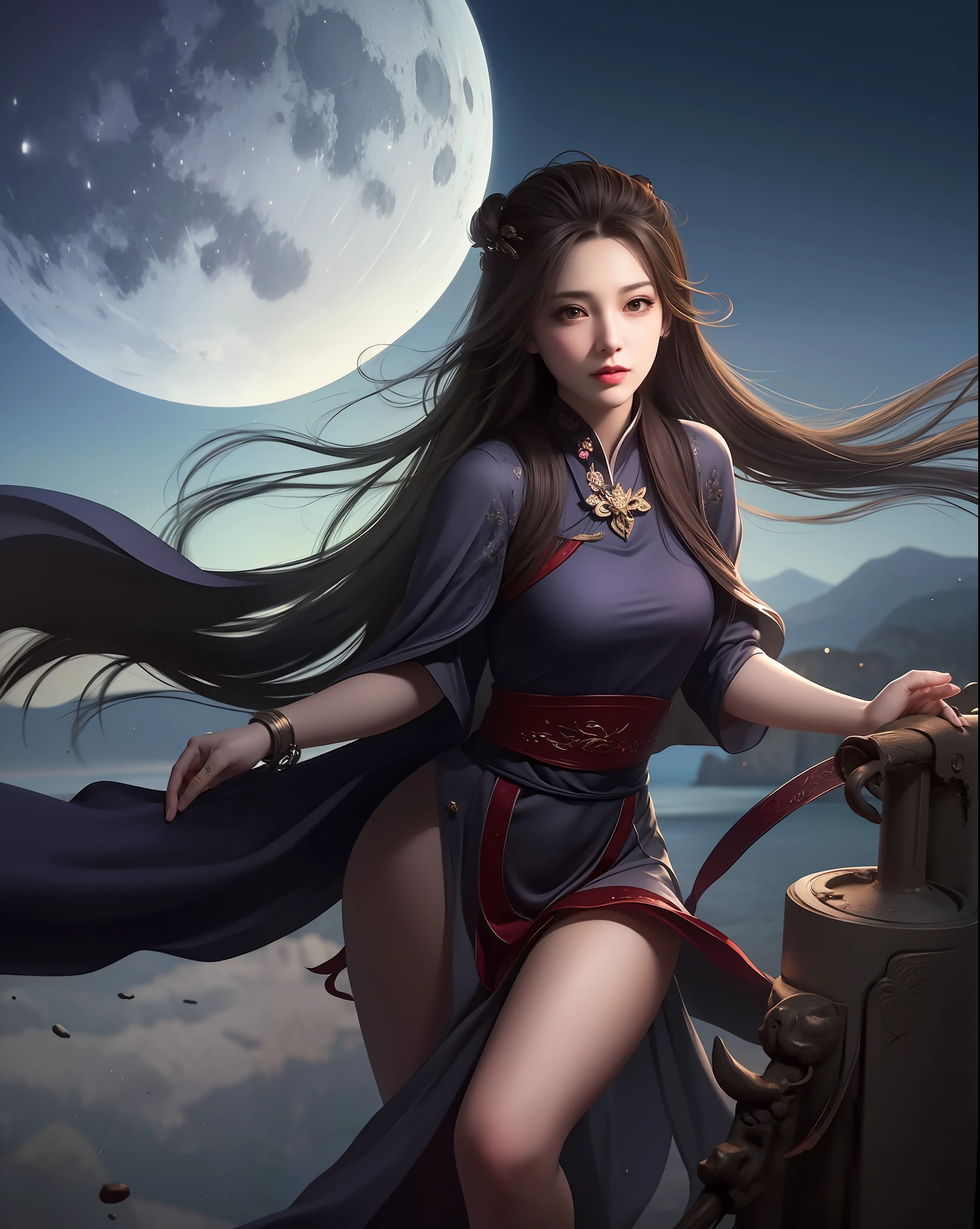 (8k, RAW photo:1.2), best quality, ultra high res,dramatic angle,(fluttered detailed color splashs), (illustration),(((1 girl))),(long hair),(rain:0.9), (头饰:1.4),少女身边有一座古宫,汉服,(重点),彩色水墨画,(泼彩),泼彩,(((colorful))),(素描:0.8) , Masterpiece, best quality, beautiful painted, highly detailed,(denoising:0.6),[splash ink],((ink refraction)), (beautiful detailed sky),moon,highly,detaild,(masterpiece, best quality, extremely detailed） CG unity 8k壁纸，杰作，最好的质量，超详细），（石蒜），