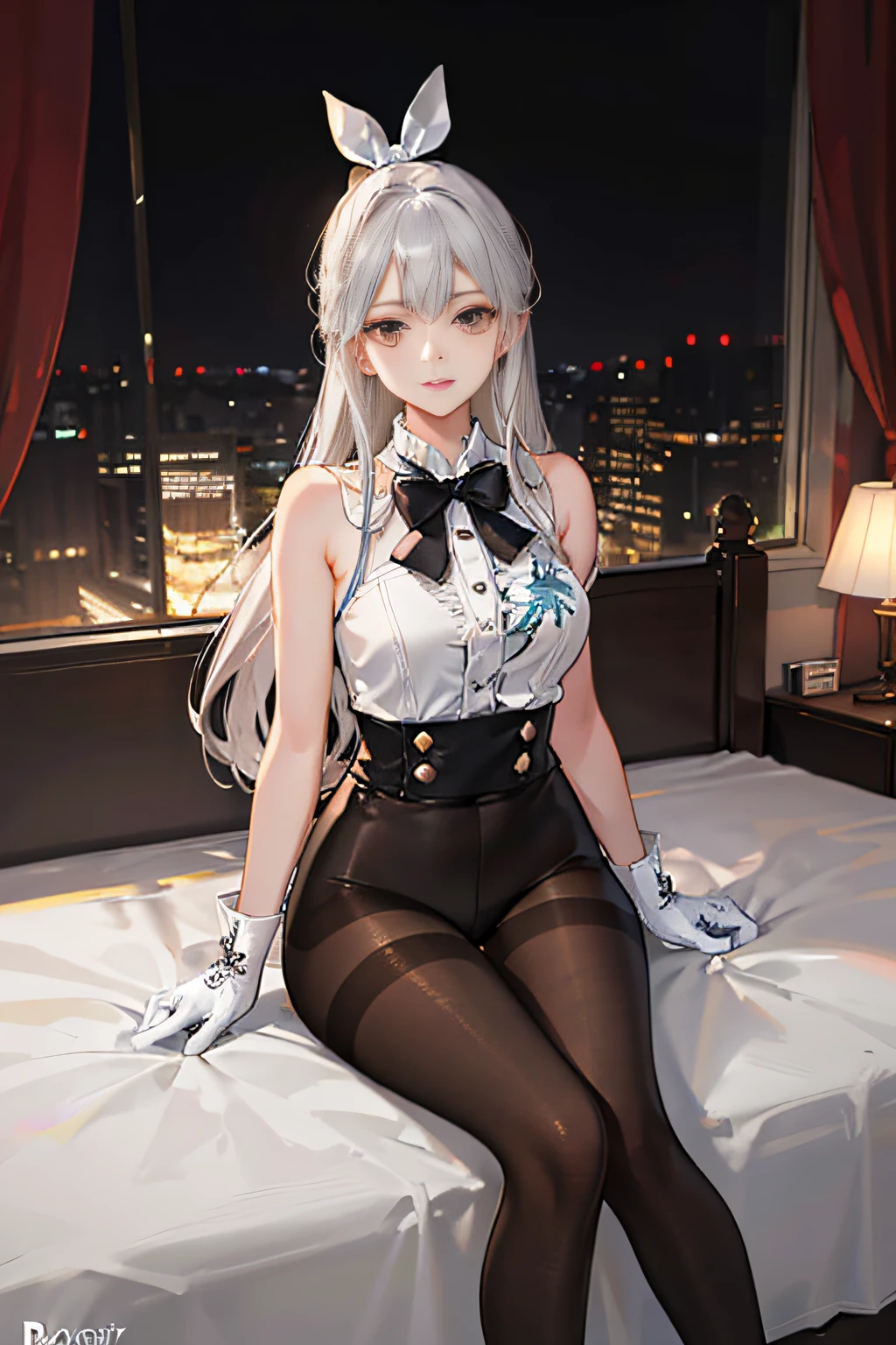 (((1 girl)),ray tracing,(dim lighting),[detailed background (bedroom)),((silver hair)),((silver hair)),(Fluffy silver hair, plump slender girl)) with high ponytail)))) Avoid blonde eyes in the ominous bedroom ((((Girl wears intricately embroidered black high-waisted pants with pantyhose) and white ruffled bow gloves), showing a delicate slim figure and graceful curves, correct limbs, sitting on the bed