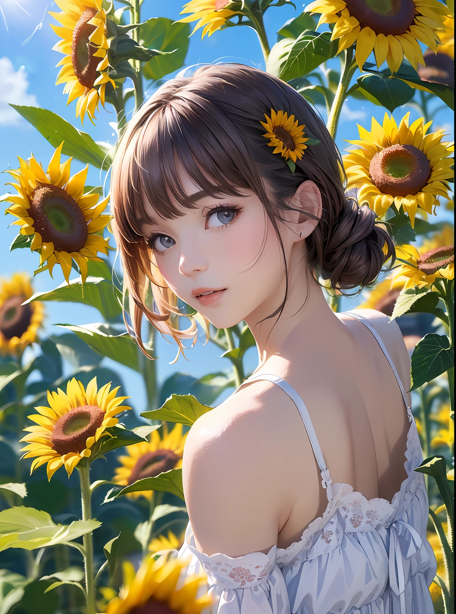 (beste-Qualit、in 8K、32K、​masterpiece、RHG:1.3)、(a photorealistic:1.4)、Photo of Pretty Japanese woman,Small hair ornament、dinamic angle、Sleeveless white summer dress,　sunflowers fields、Sun glare,depth of fields,blurry backround,lensflare,Sunflower background、blue-sky
