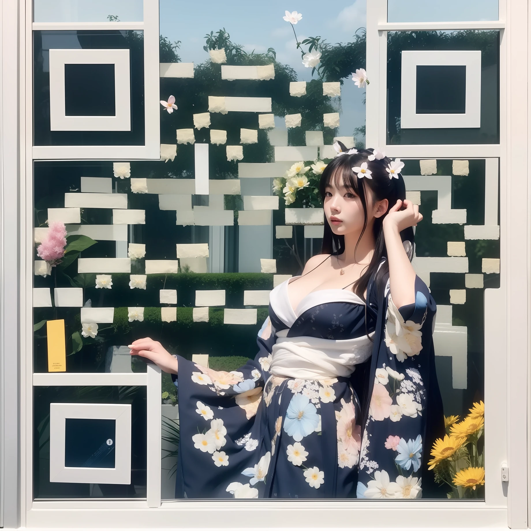 araffe woman in a kimono sitting in a window with flowers, official artwork, Middle metaverse, in kimono, 奈良美智, album art, by Torii Kiyomoto, 🚿🗝📝, in a kimono, bae suzy, promo art, by Ayami Kojima,16k, sexy --auto