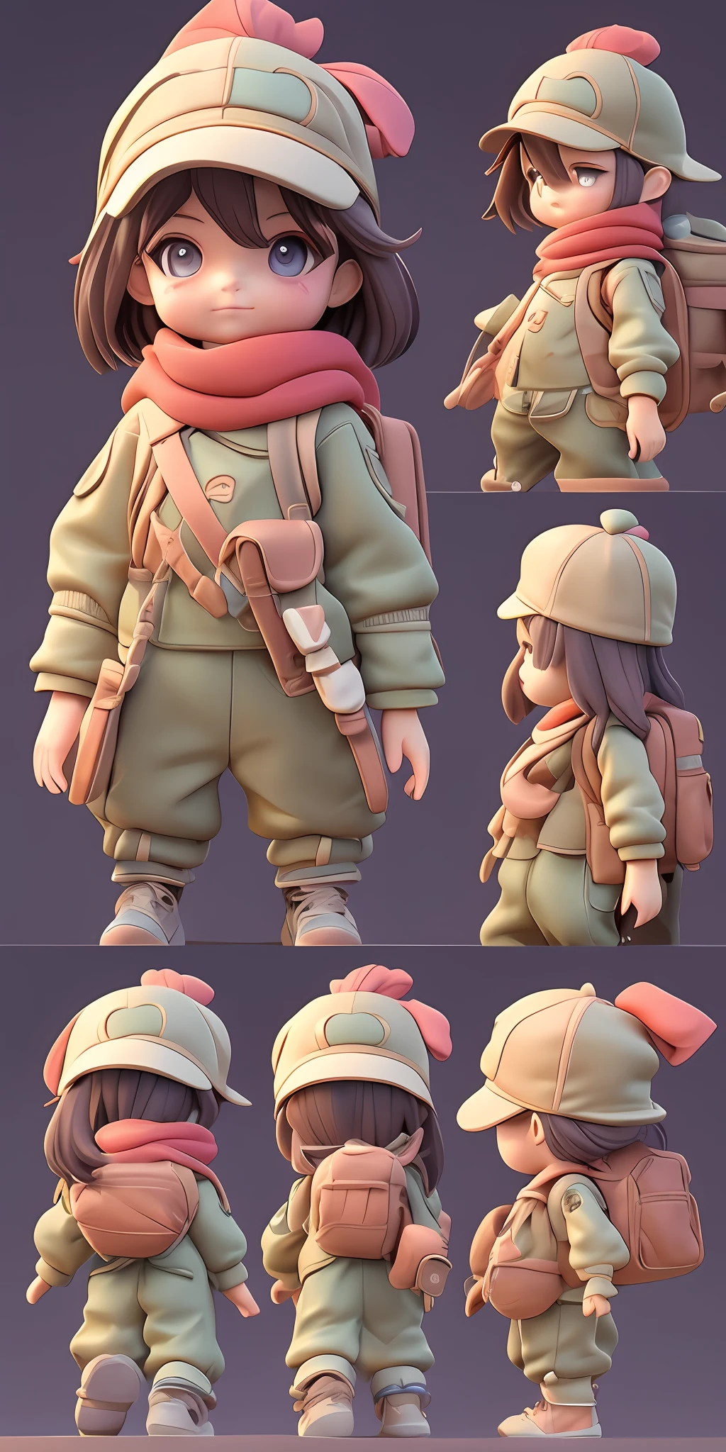 three-view drawing enerate three views, namely the frontview, the side view and the back view, 1boy, A cute image of a heavy backpack wearing a hat on his back, Bubble Mart, Pure background, Three View, Landscape composition, No dividing line, Flight suit, espadrilles, IP image, POP Mart, Unreal Engine5, highly detailed character, blindbox, Cute 3d render, stylized anime, Stylized 3D rendering, 3D rendered character art 8 K, Super detailed rendering, cute character, cute detailed digital art, Stylized 3D rendering of red scarf bubble mart blind box style