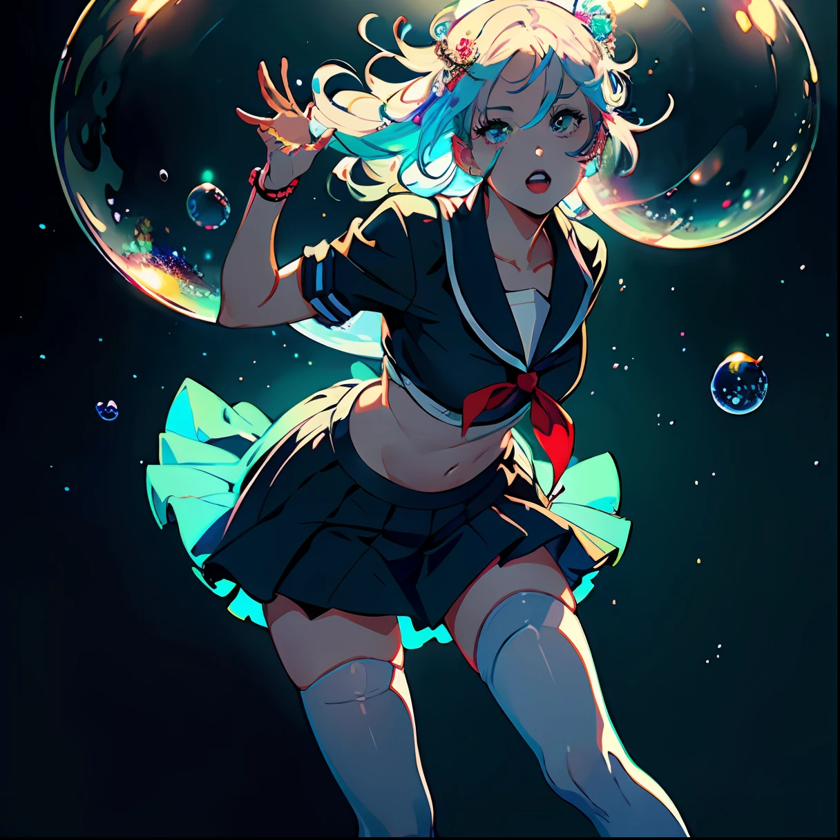 (masterpiece), (best quality), (official art, extremely detailed CG unity 8k wallpaper), (highly detailed), ((absurdres)), 1girl, mid shot, (exquisite facial features),(serafuku:1.3) ((sfw)),((clear hands)), ((white thighhighs without shoes)),aqua eyes, color contact lenses, stars in the eyes, (((colorful bubble))), colourful glass, (album cover)