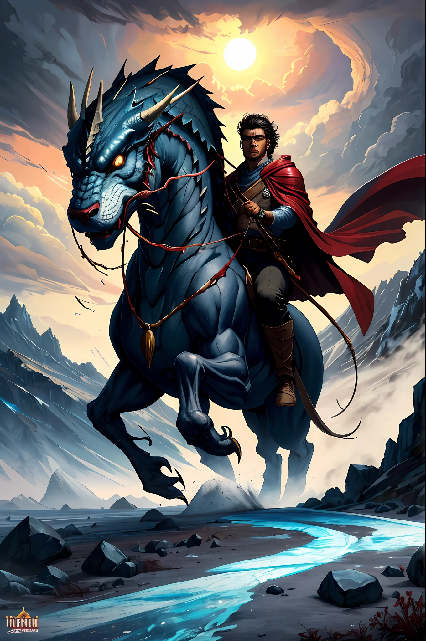 dungeons and dragons，Epic movie poster，Savage，Wide body，ery muscular，A dark-haired，bob-cut hair，A man in a cloak who rushes into battle，
riding a vicious ice [big dragon] beast leather （Storm of dust：1.1） Volumetriclighting， dense fog， Deep fog， wastelands， steins， Dry earth， ground cracks， Very bright morning sun from the side， （tmasterpiece） （best quailty） （A detailed） （8K） （cinmatic lighting） （Sharp focus） （intricated），