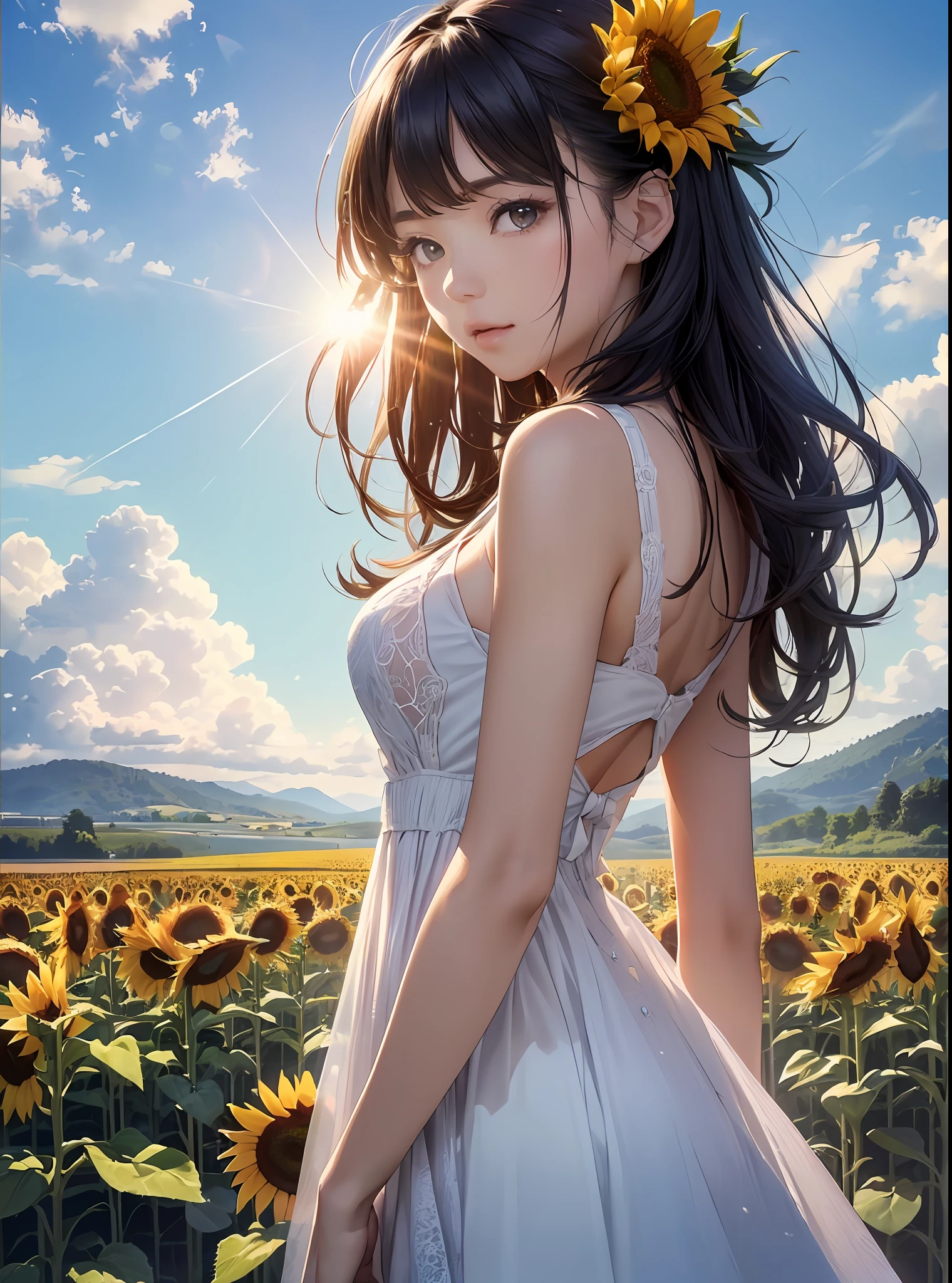 (beste-Qualit、in 8K、32K、masterpiece、kfk:1.3)、(a photorealistic:1.4)、Photo of Pretty Japanese woman, hair adornments、is standing、Sleeveless white summer dress, sunflowers fields、Sun glare,depth of fields,blurry backround,lensflare,Sunflower background、blue-sky