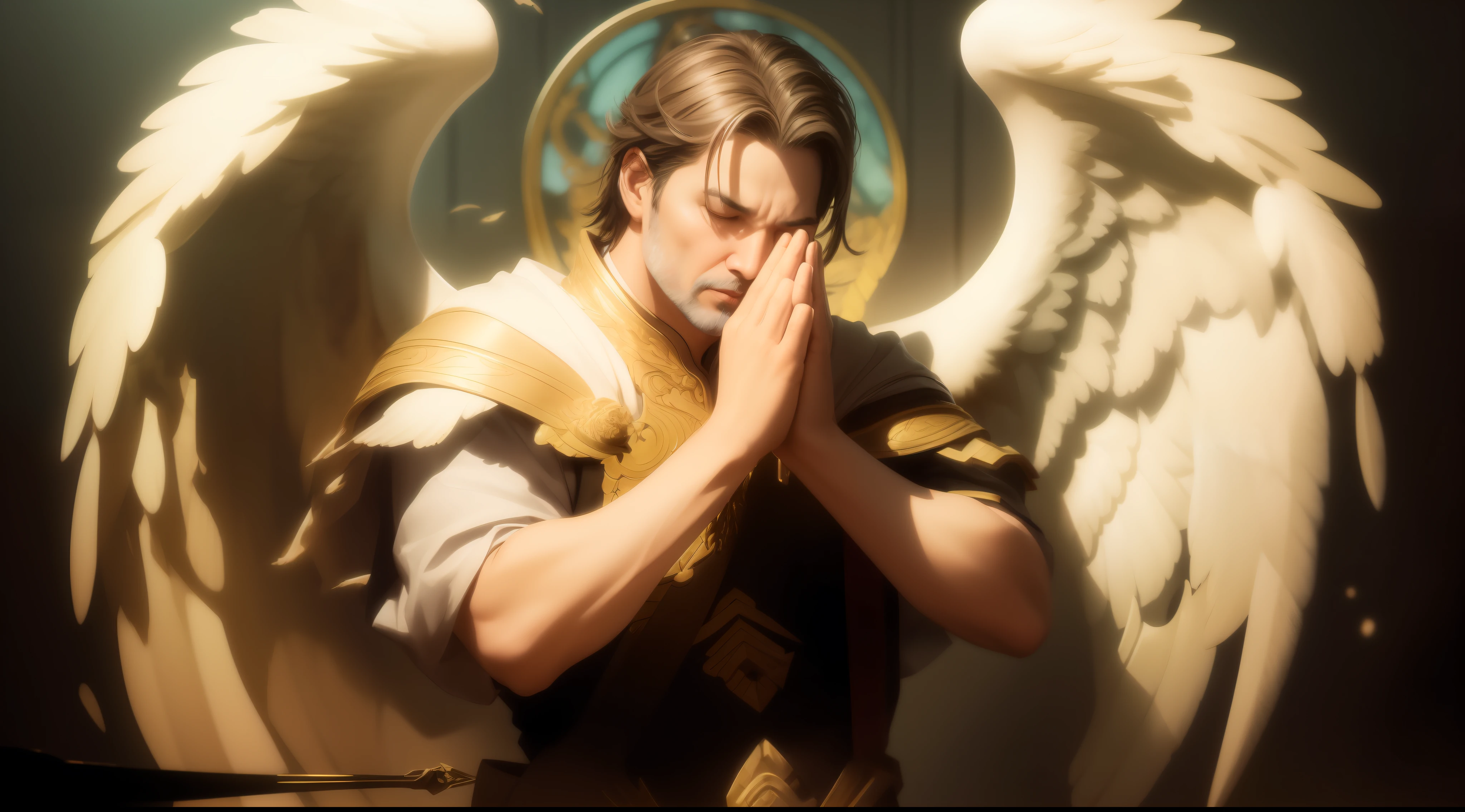 there is a man with wings on his chest praying, Jovem Anjo Wan, Graphic artist Magali Villeneuve, por Yang J, arcanjo, Wlop Ross, rossdraws global illumination, WLOP |, Artgerm em ArtStation Pixiv, Por Ruan Jia e Stanley Artgerm, Neoartcore e Charlie Bowater, anjo