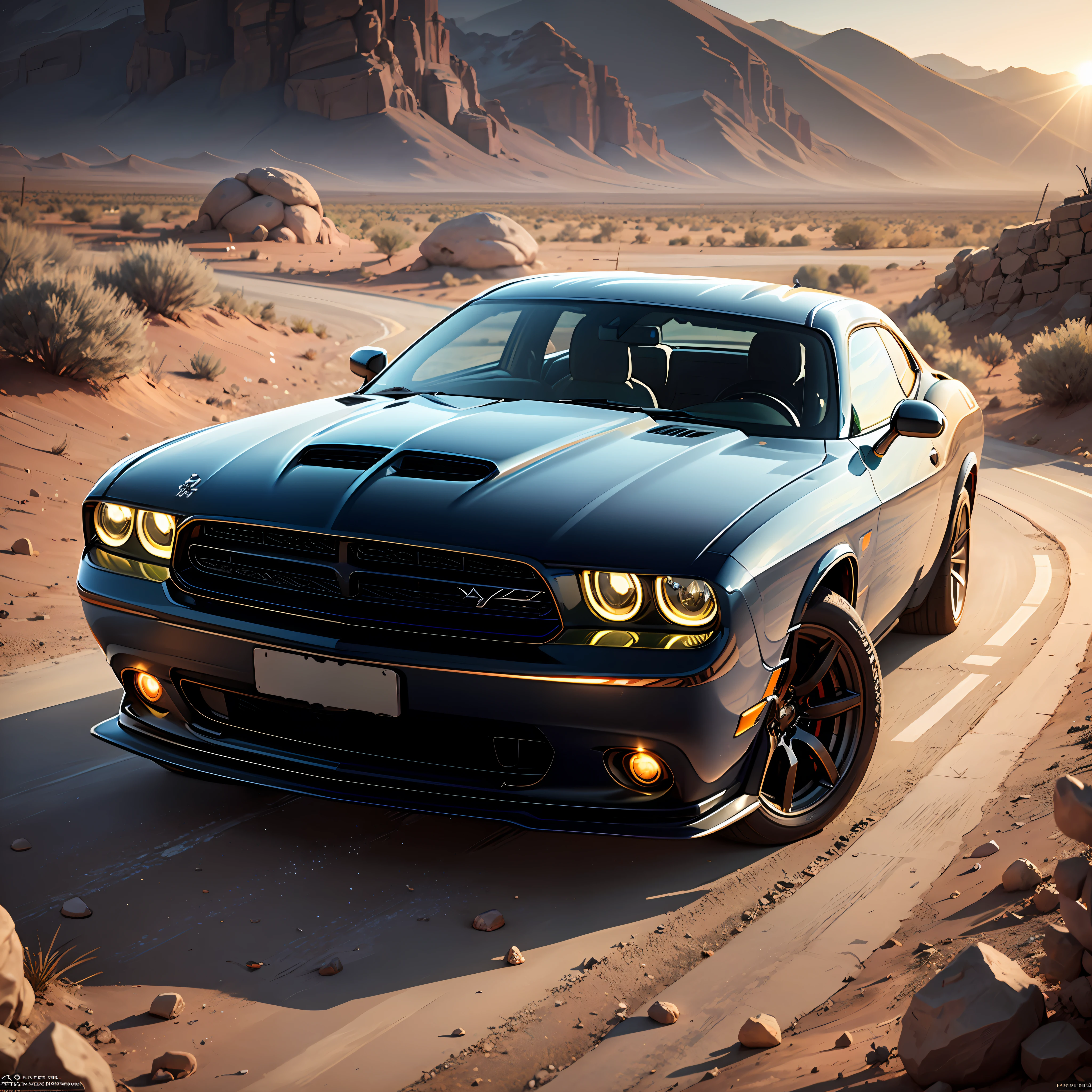 Best quality, masterpiece, ultra high res, (photorealistic:1.4), car: Dodge Challenger, black color, orange headlights, shiny; location: desert; details: sun, good composition, Easton Chang style
