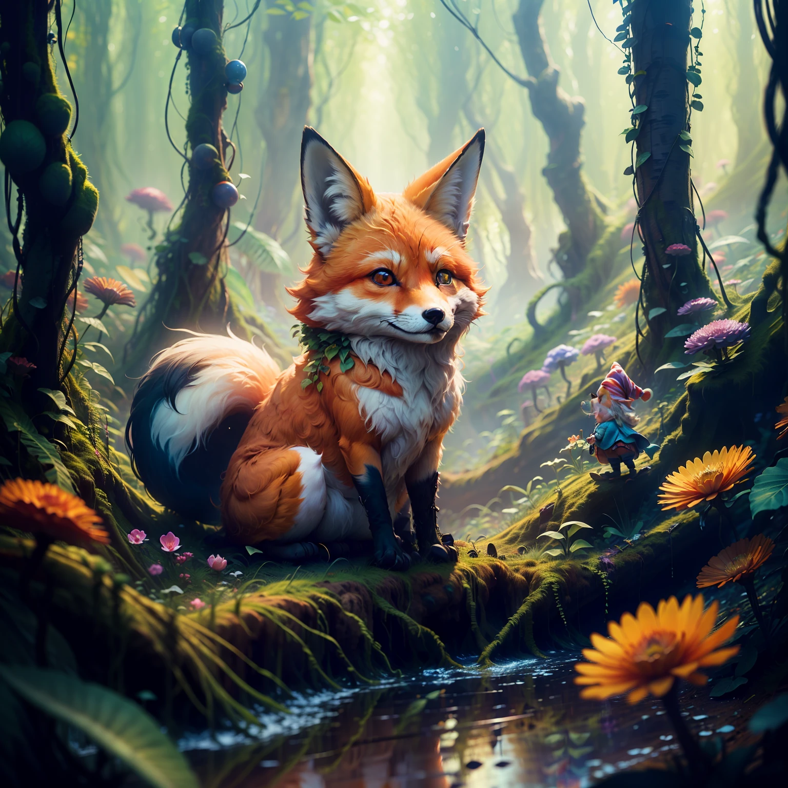 (((obra-prima))), melhor qualidade, A cute fox in a magical enchanted forest full of fairies and gnomes, cabelo de raposa exuberante, floresta exuberante, luz dappled, profundidade de campo, Magical Glow. (Translation: "masterpiece, best quality, a cute fox in a magical enchanted forest full of fairies and gnomes, lush fox fur, lush forest, dappled light, depth of field, magical glow")