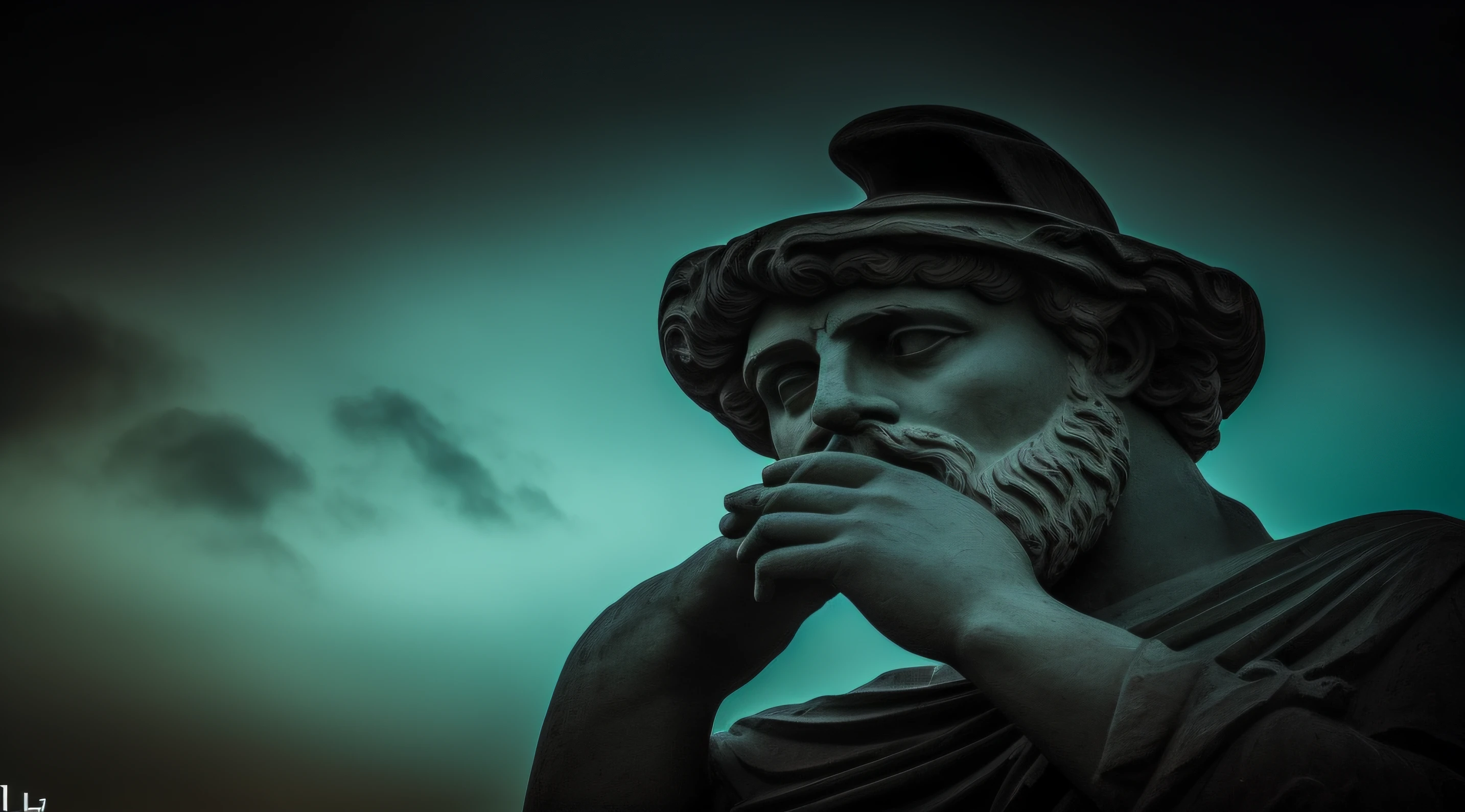 arafed statue of a man with a beard and a hat, eStoic face, Estoicismo, divino e estoico, philosopher, Stoic attitude, stoic, Pose estoica, pensativo, pensador, estoico and calm, Absorto em pensamentos, Retrato Zeus, Directed by: Alessandro Allori, Directed by: Francesco Filippini --auto