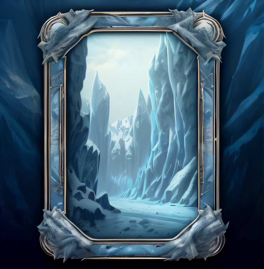 a close up of a picture frame with a picture of a mountain, pillars of ice background, theme :'icewind dale ', vast ice dungeon, in an icy cavern, surreal frozen landscape, ornate borders + concept art, a portal to the depths, portal to the ethereal realm, icy mountains, icy landscape, master of ice, ice cave, detailed matte fantasy painting