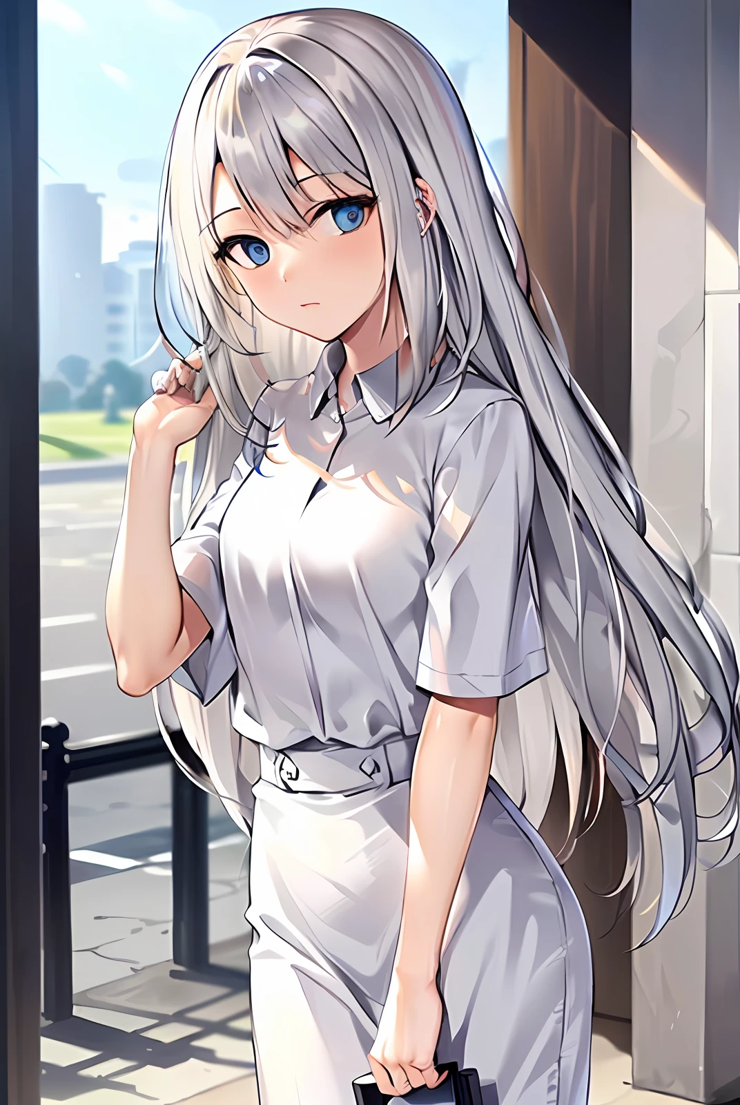 Silver-haired woman，16 yaers old，blue color eyes，length hair，slenderness，White clothes，