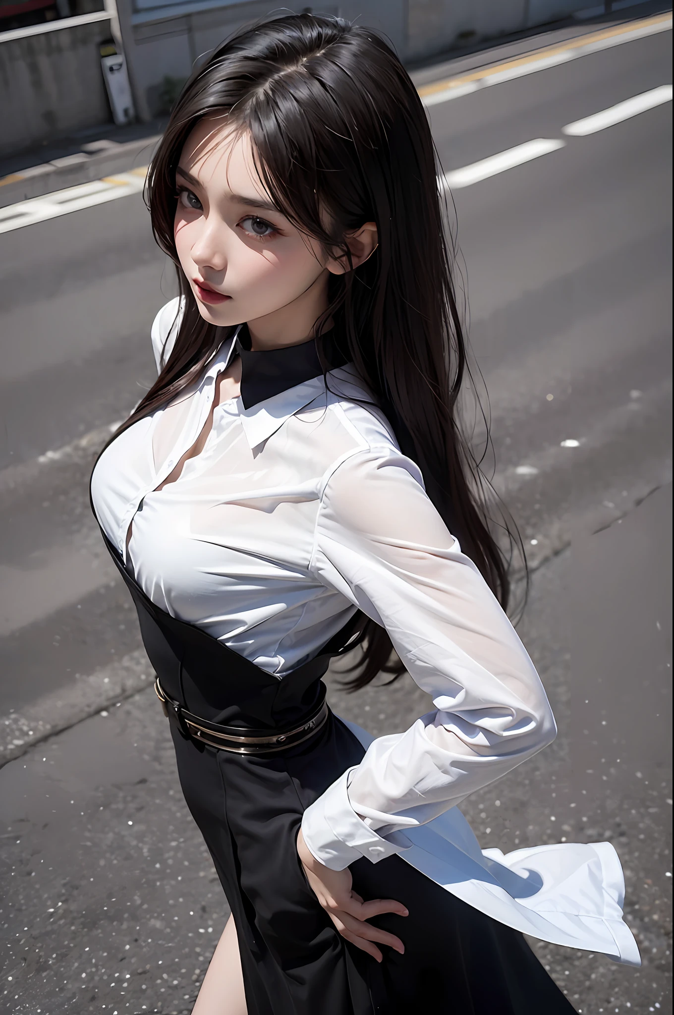 Girl posing for photo in baggy white shirt and black dress，full bodyesbian，Slim body，Slim girl model，24 years old female model，from from above，