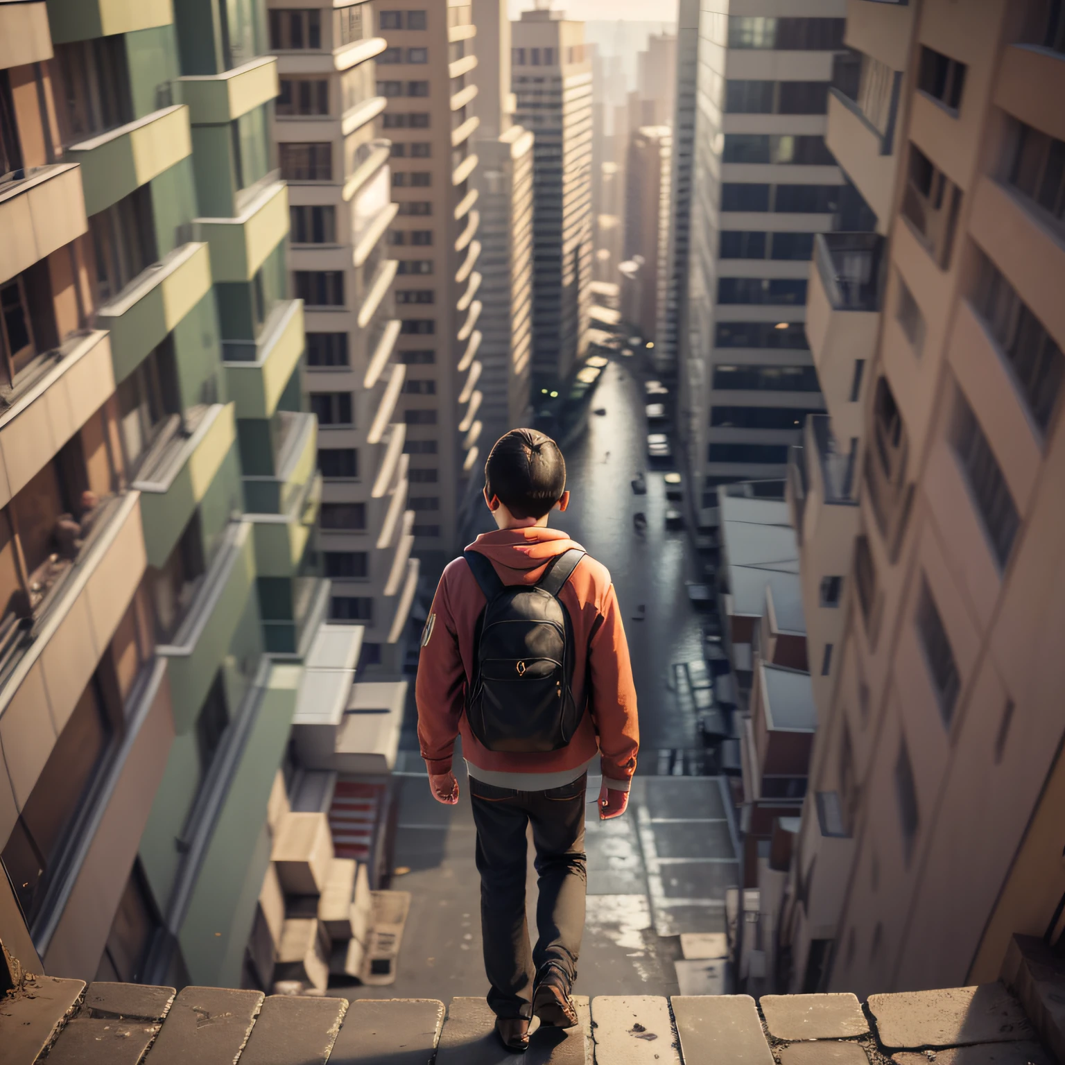 sad boy looking at someone else walking away, The same boy looks at a big city from a fifth-floor asotea