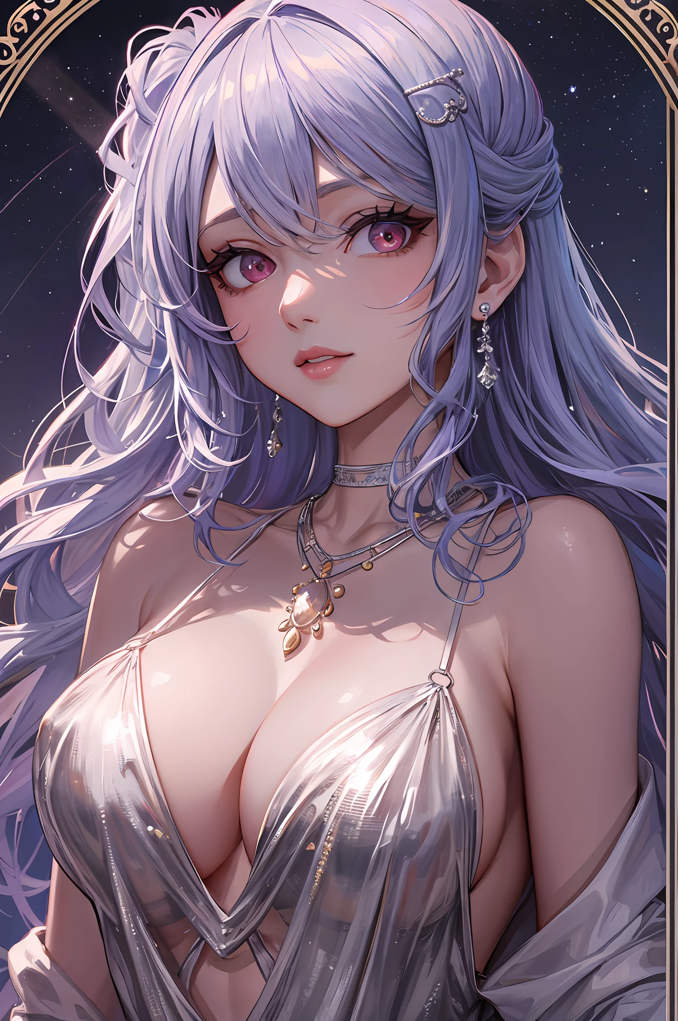 ((tmasterpiece,best quailty)),
San Luis\(luxurious wheels\) \(azur lane\), High- sharpness, HighestQuali, illustratio, cinematric light, ultra detali, Detailed face, (Detailed eyes), best quailty, ultra detali, tmasterpiece, (Detailed face),big covered breasts, hair adornments, 耳Nipple Ring, choker necklace, sportrait, silver lingerie, Clothing that exposes, higher detailed, glowing light eyes, (Hotel: 1.2), sit on a bed, Sat down, Beds, janelas, nigh sky, The light from the back window is backlighted, llight rays, (highcontrast), (a color),hugetits,cell phone
