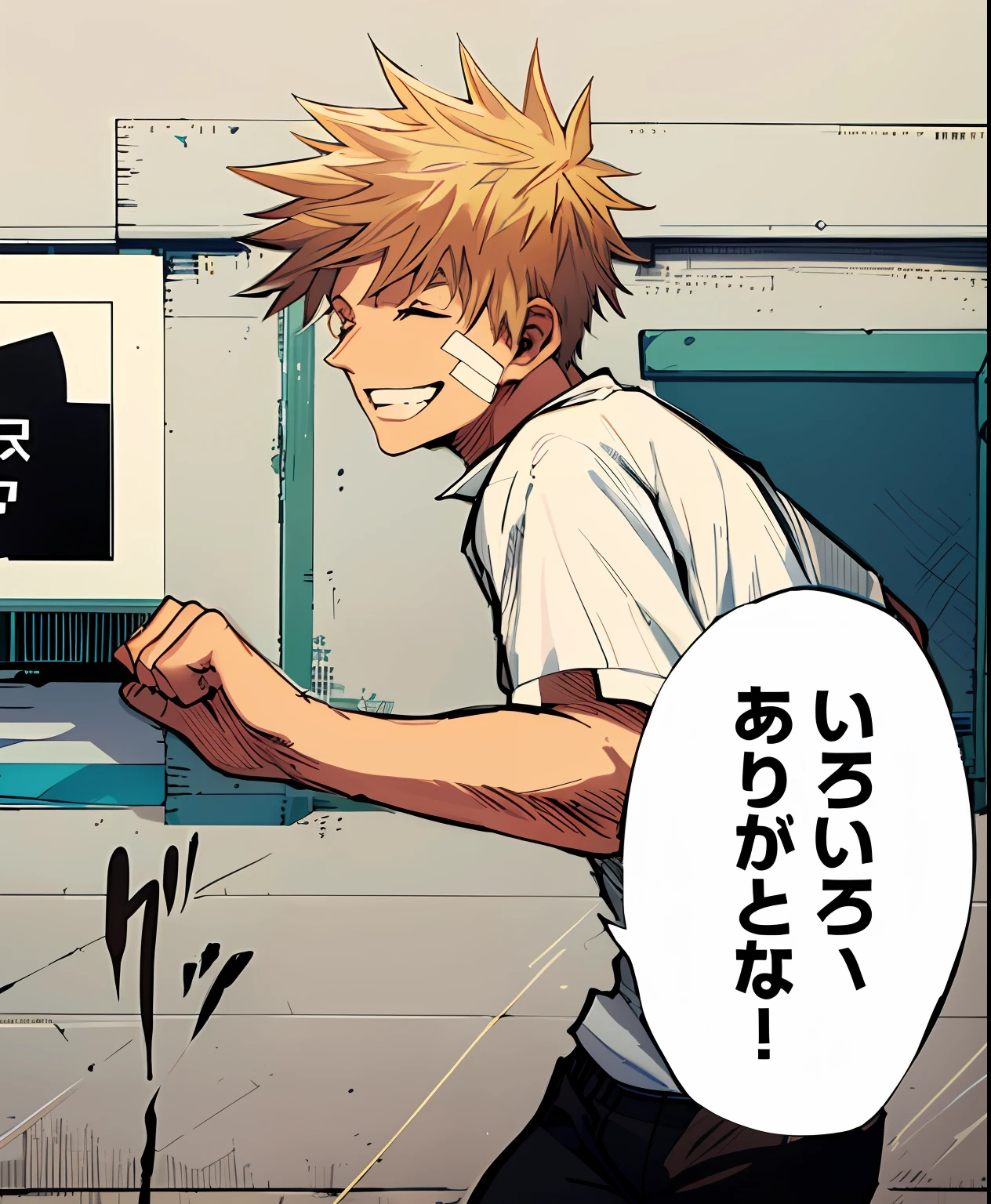 a anime of a man with a light salmon hair colour, teeth, closed eyes, white plaster on the cheek, holding palms, white shirt, text bubble speech, color manga, manga color, color manga, color manga panel, simple wall background, building, simple background