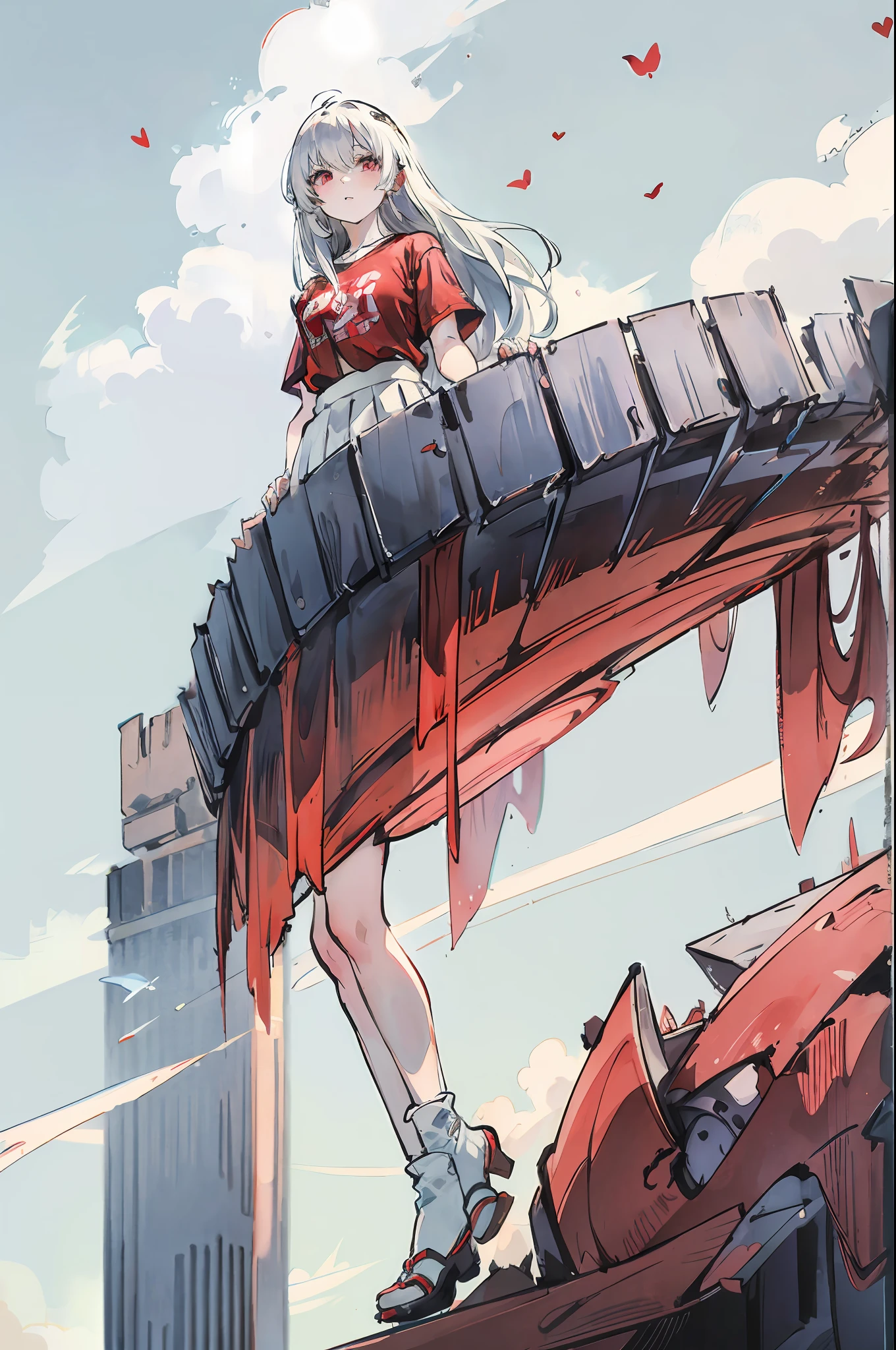 4k, best quality, girl, white hair, mid length hair, red eyes, skyblue shirt with love emote, white skirt