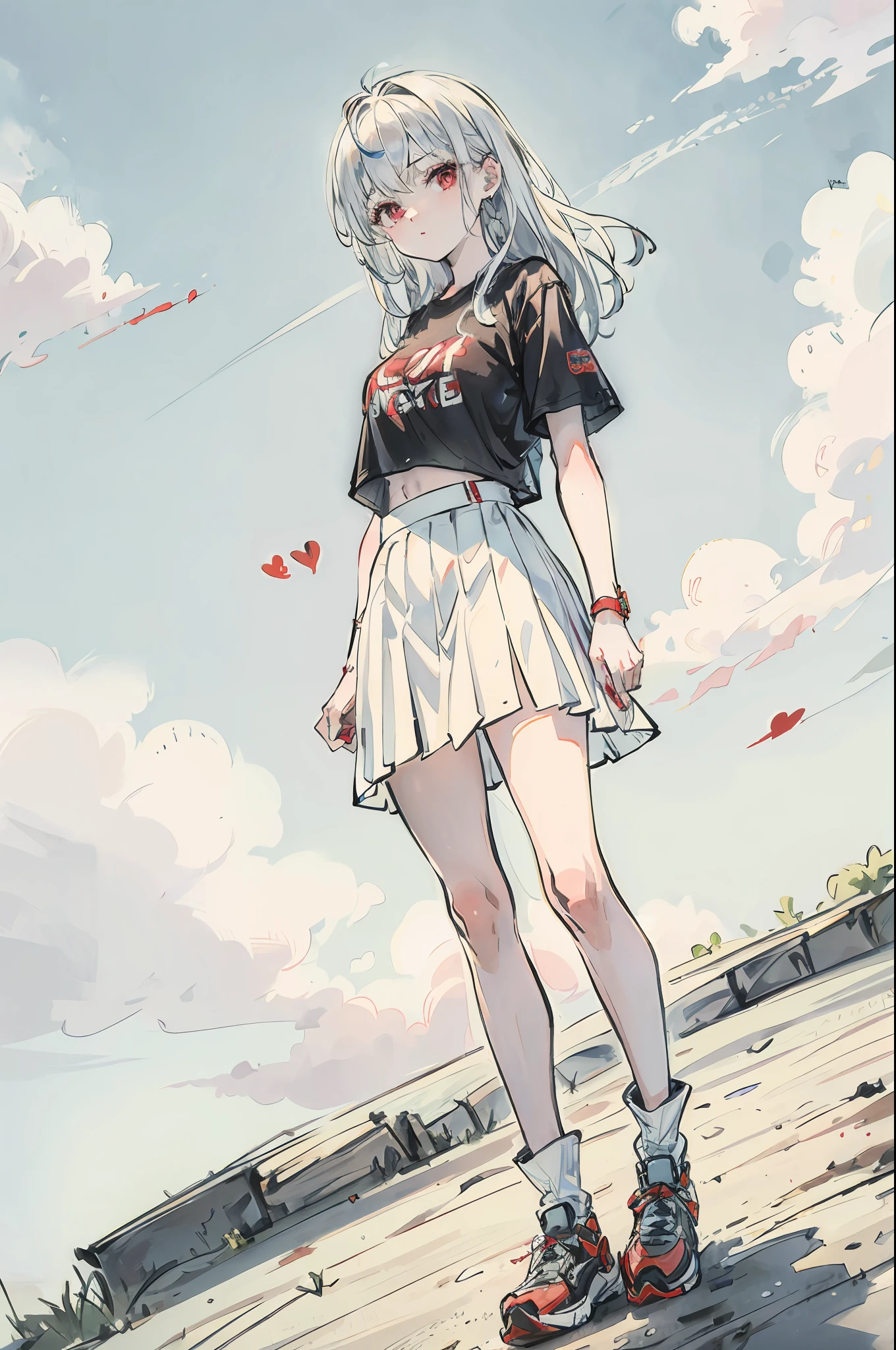 4k, best quality, girl, white hair, mid length hair, red eyes, skyblue shirt with love emote, white skirt