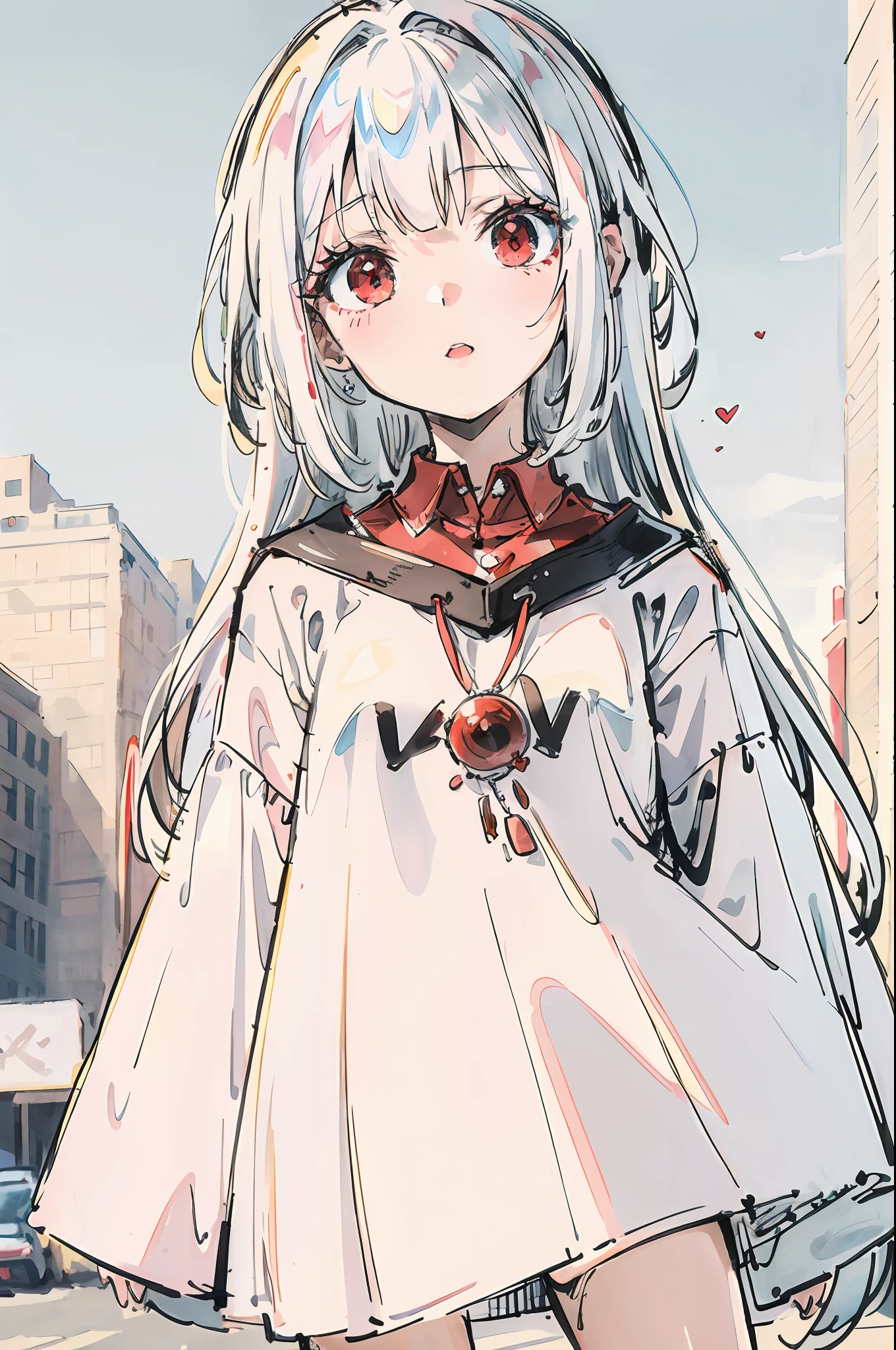 4k, best quality, girl, white hair, mid length hair, red eyes, skyblue shirt with love emote, white skirt