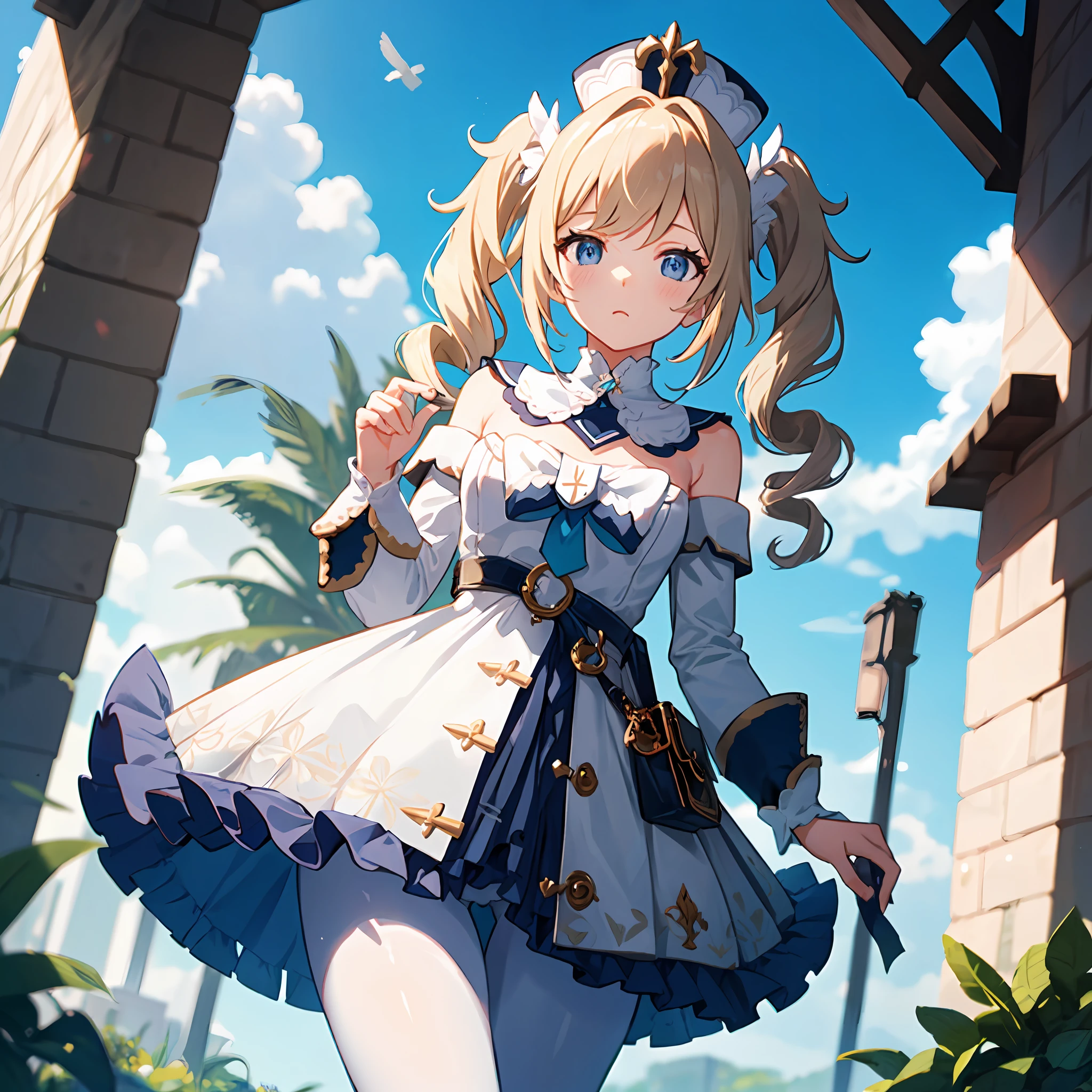 masutepiece, official art, barbaradef, 4k, 1girl, solo, bird's eyes view, long hair, up skirt, outdoor,, white pantyhose, blush, shy, walking, from below, lori, pov, low  angle shot, fantasy, (((best quality))), ((Ultra-detailed)), (Illustration), ((extremely delicate and beautiful))