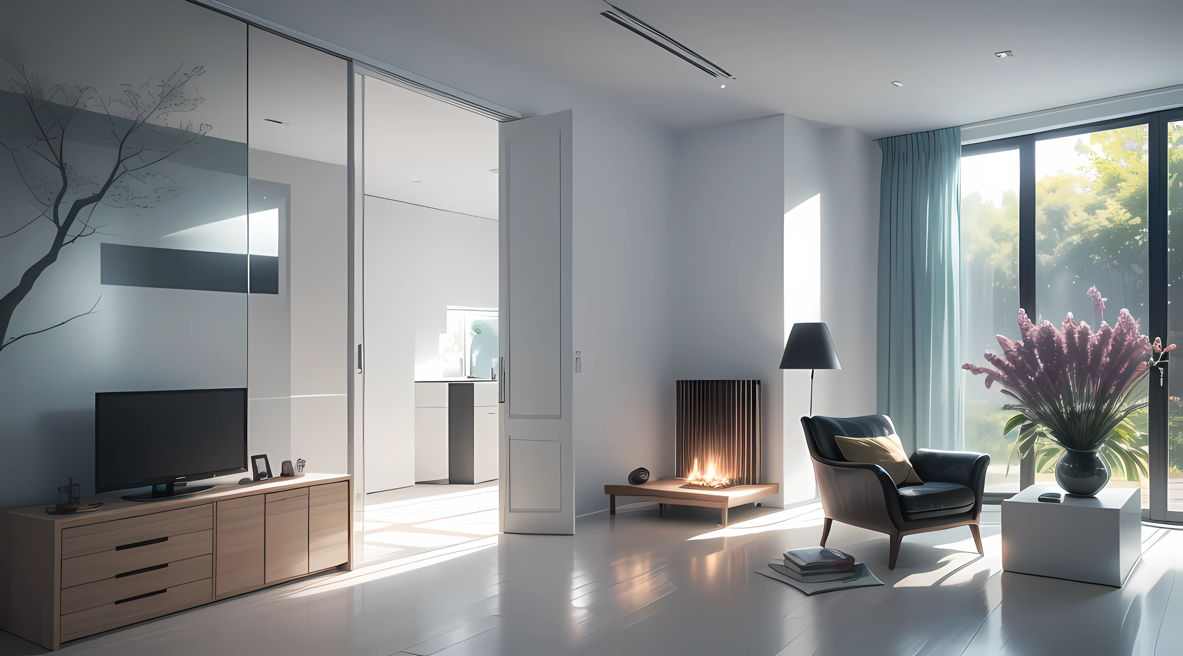 Una imagen cautivadora que representa el interior de una casa futurista. The setting showcases sleek and minimalist design elements, with clean lines and an abundance of natural light. The image features cutting-edge technology seamlessly integrated into the space, such as smart home systems, holographic screens, e interfaces interactivas. The furniture and decoration exhibit a perfect balance between functionality and aesthetics., exuding a sense of sophistication and innovation. La paleta de colores es moderna y neutra, emphasizing the clean and futuristic atmosphere. La imagen captura la esencia de la vida futurista, offering a glimpse into the possibilities of advanced technology and design.