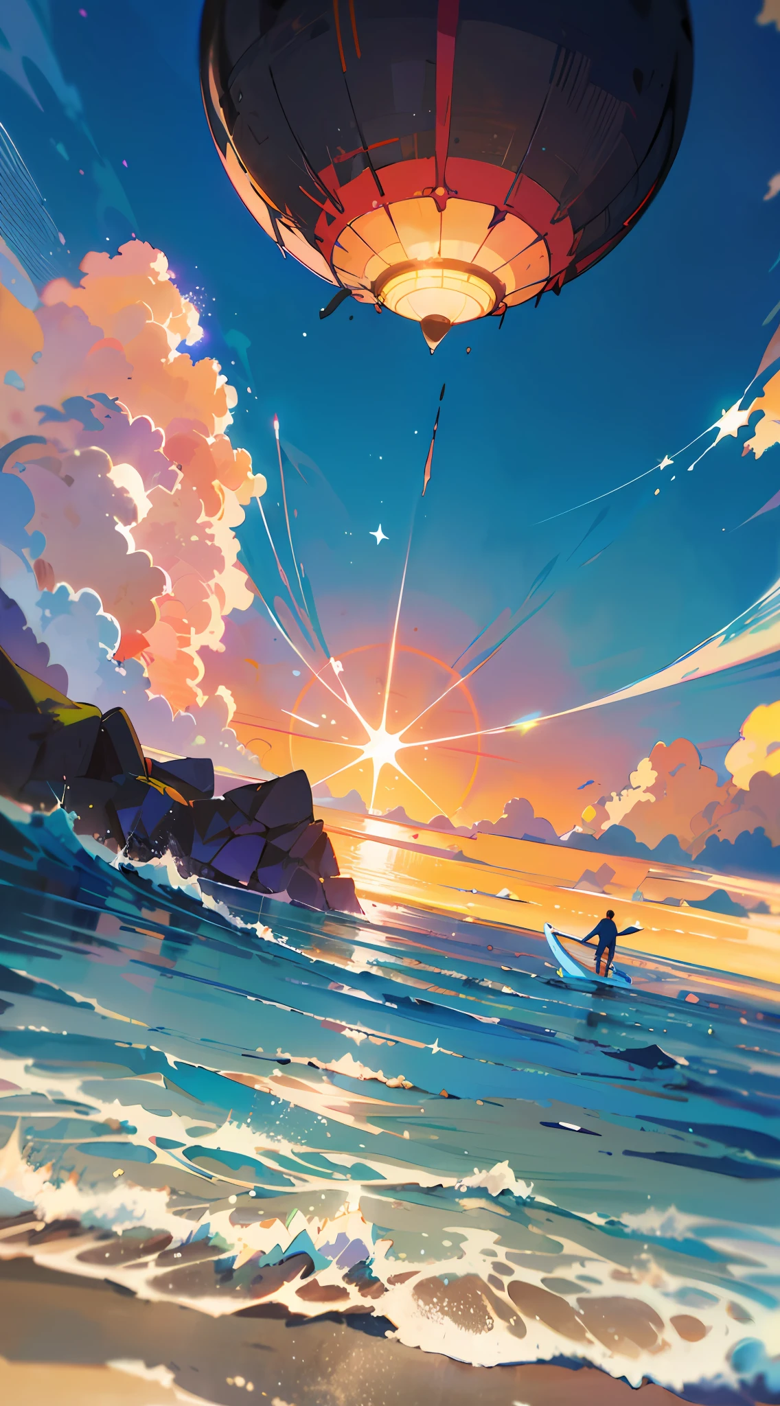 anime scene of a man on a surfboard in the ocean, Makoto Shinkai Cyril Rolando, cyril rolando and goro fujita, Cosmos Sky. By Makoto Shinkai, Blue sea. By Makoto Shinkai, ( ( Makoto Shinkai ) ), Makoto Shinkai's style, Inspired by Cyril Rolando, Makoto Shinkai!